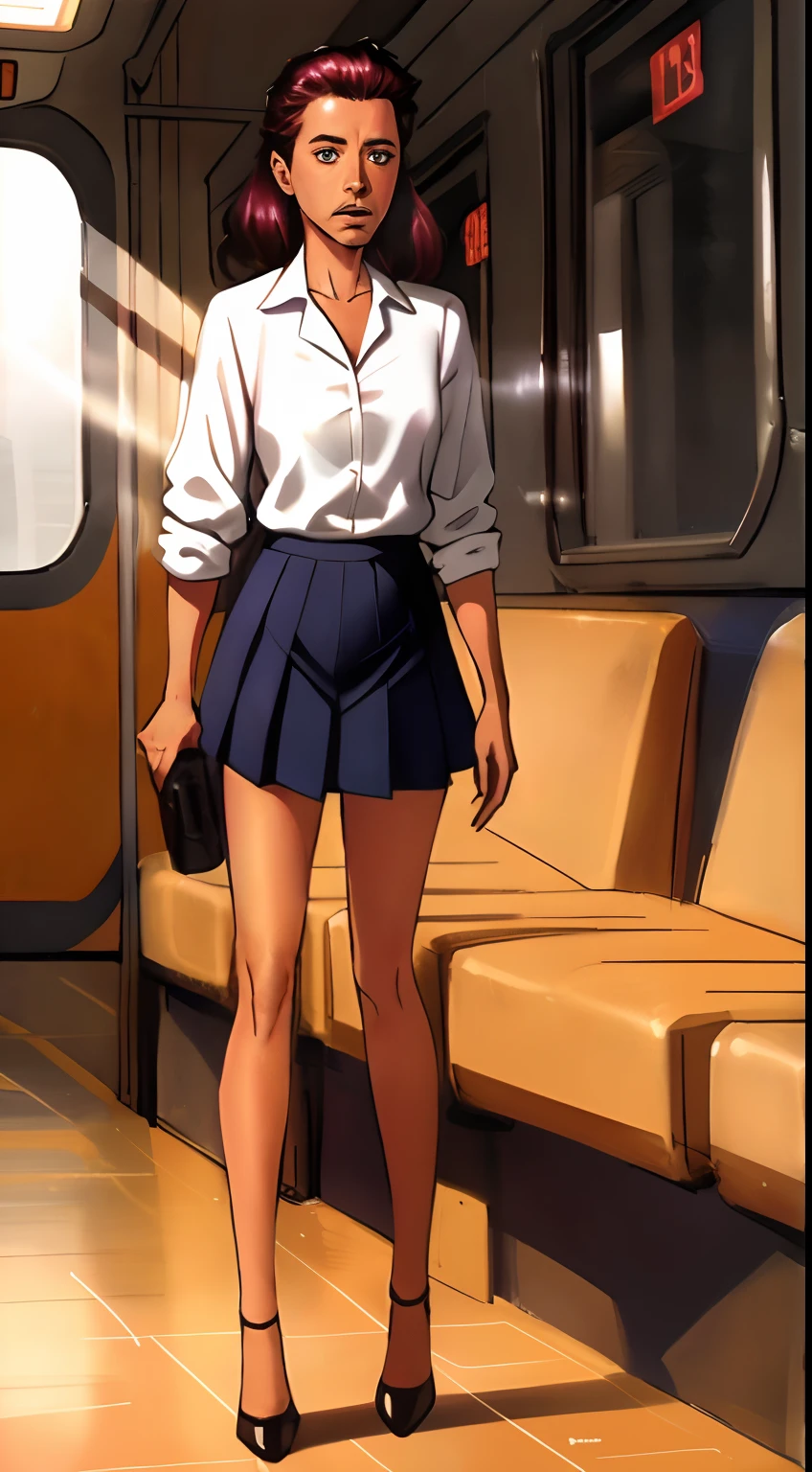((Robert Downey as a 14 year old pre-teen girl)), long blouse, tiny pleated skirt, waist-high black tights, high heels, full body photo, very fair skin, shaved hair, busy train car, photorealistic, indirect lighting, volumetric light, ray tracing, hyperdetailed