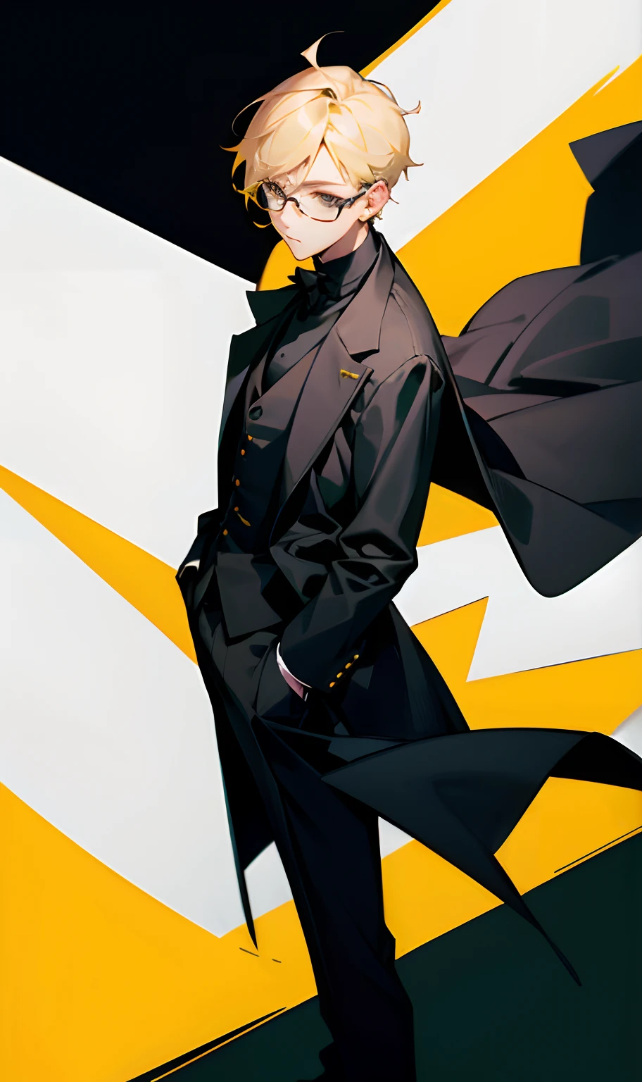 Boy with small blonde hair wearing a black suit with a black overcoat on top His eyes were gleaming green he walks with the finger of his right hand on his glasses