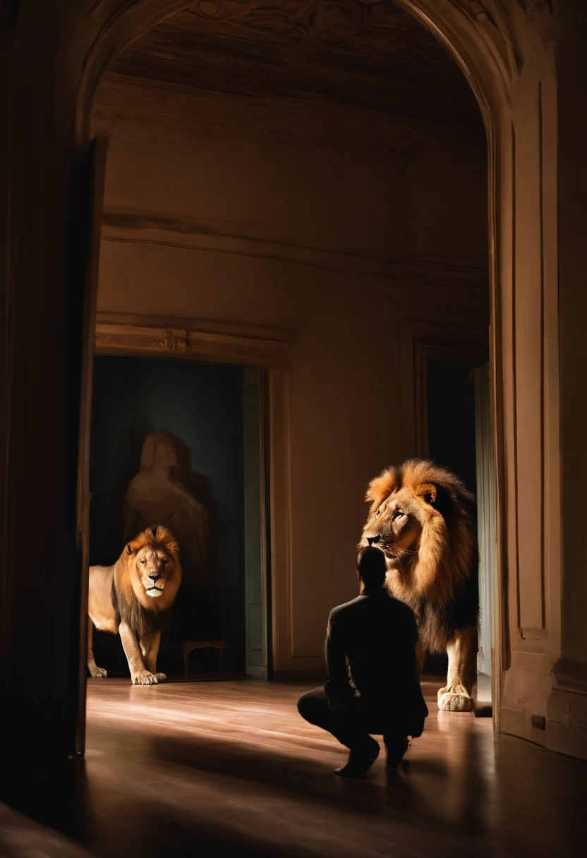 A man, in casual attire, stands in front of a mirror. In the reflection, he shares the space with a majestic lion. The man appears surprised, reaching out to the mirror, while the lion remains calm. Light and shadows accentuate the surreal encounter, questioning reality and inviting contemplation on the relationship between man and nature
