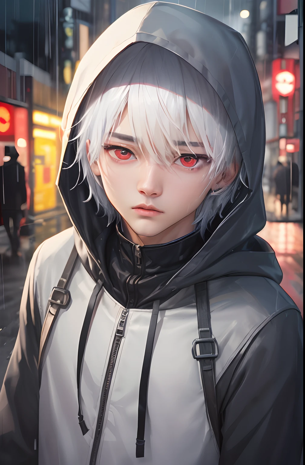 kk, best quality, more details, masterpiece, 1boy, kaneki ken, portrait, male focus, red eyes, solo, bangs, looking at viewer, hood, short hair, rain, tokyo tokyo \(city\), hood up, nail polish, white hair, luxurious, 8k, detailed, ray tracing, depth of field, cinematic lighting,