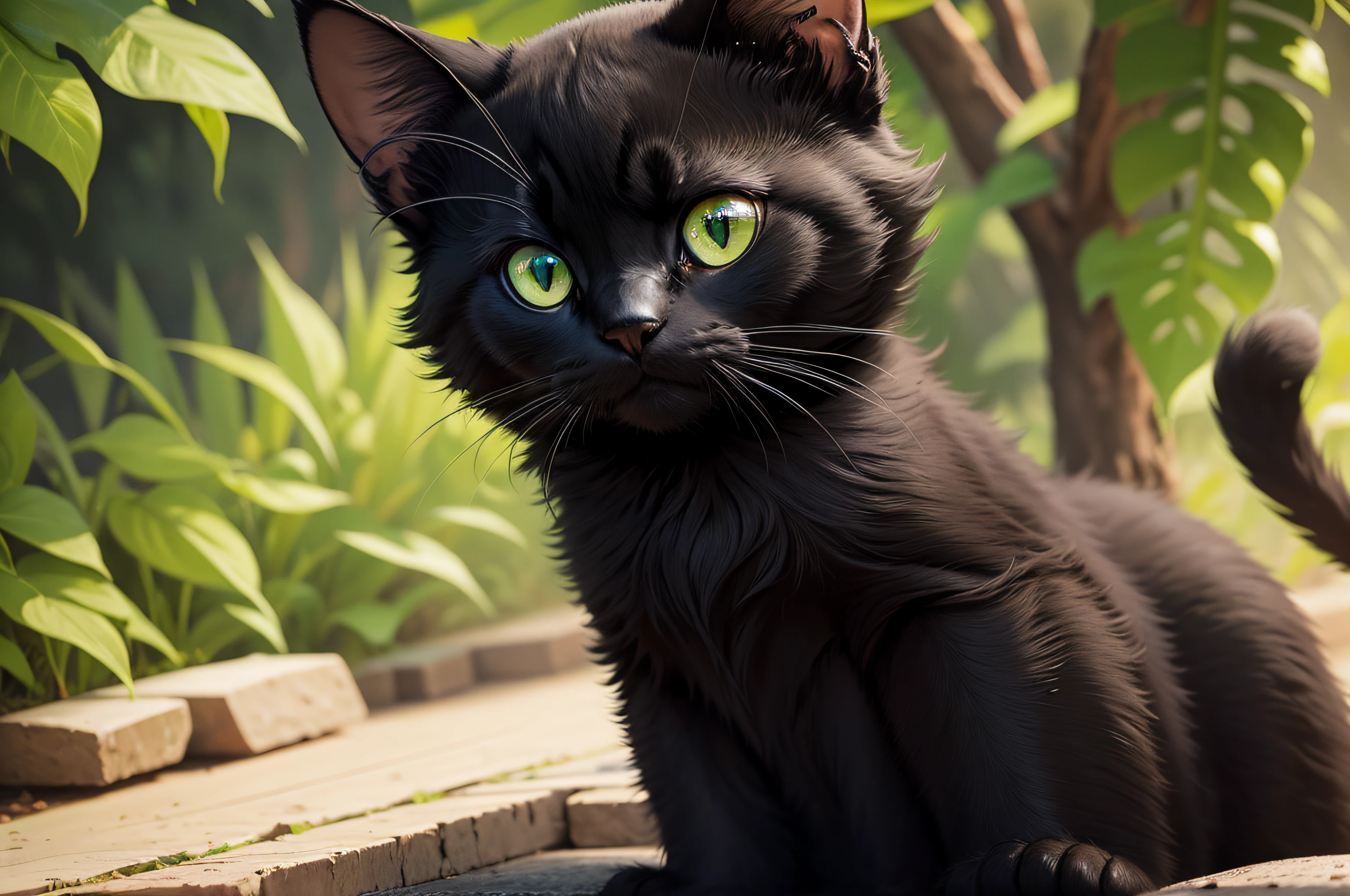 a black cat with green eyes