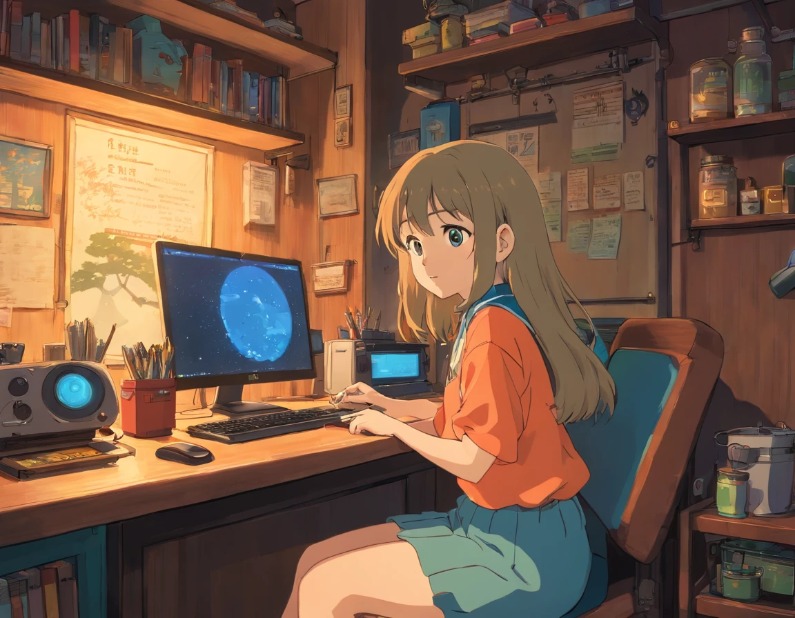 personagem de anime sentado em uma mesa com fones de ouvido e um laptop, apartamento moderno, noite, lofi, Elogio Artstyle, Arte Lofi, em estilo de Studio Ghibli, lofi girl aesthetic, Hip Hop Lofi, inspirado em Studio Ghibli, Lofi Sensation, captura de tela do filme anime, estilo de Studio Ghibli Captura de tela do filme de anime, cores lofi