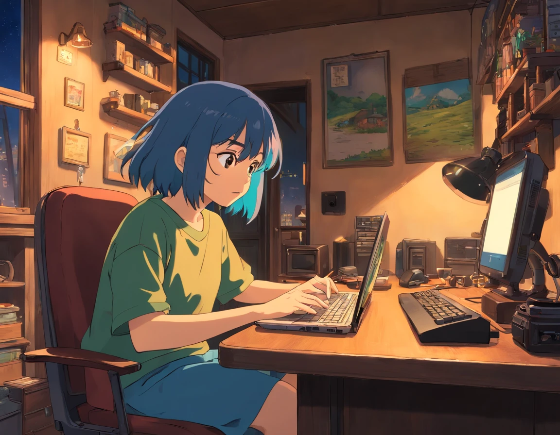 personagem de anime sentado em uma mesa com fones de ouvido e um laptop, apartamento moderno, noite, menino lofi, Elogio Artstyle, Arte Lofi, em estilo de Studio Ghibli, lofi girl aesthetic, Hip Hop Lofi, inspirado em Studio Ghibli, Lofi Sensation, captura de tela do filme anime, estilo de Studio Ghibli Captura de tela do filme de anime, cores lofi