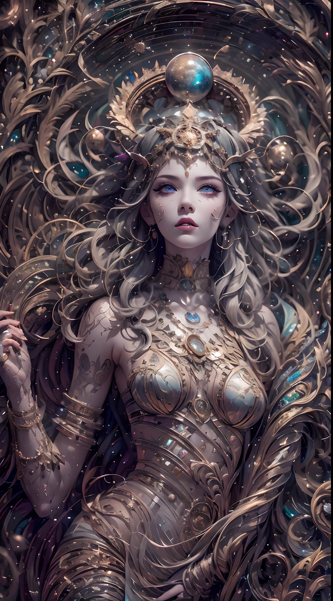 （best qualtiy，ultra - detailed，Most Best Illustration，Best shadow，tmasterpiece，A high resolution，professionalartwork，famousartwork），Detailed eyes，beautidful eyes，closeup cleavage，sci-fy，colored sclera，Robot eyes，face markings，Tattooed with，（fractalized，Fractal eyes），largeeyes，Wide eyes，（Eye focus），sface focus，Cosmic eyes，Space eyes，Close-up of metal sculpture of a woman with a moon in her hair，goddes。extremly high detail，3 d goddess portrait，Extremely detailed footage of the goddess，a stunning portrait of a goddess，Side image of the goddess，portrait of a beautiful goddess，Full body close-up portrait of the goddess，hecate goddess，portrait of a norse moon goddess，goddess of space and time