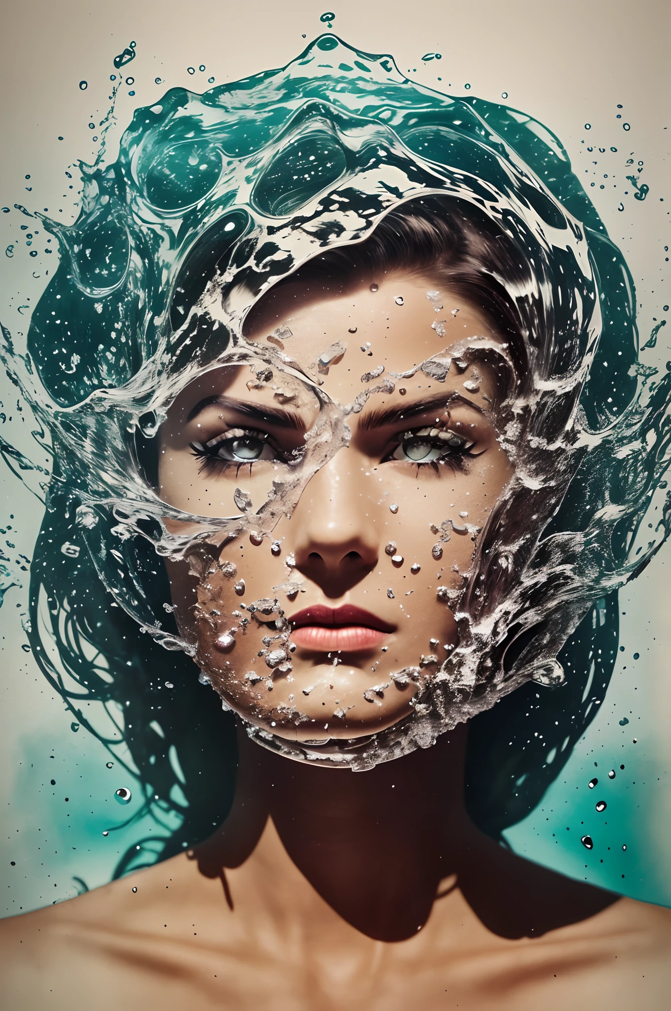 Fotografia de mascaramento duplo, An angry goddess formed from water, From the water was formed the image of a woman , Águq, portanto,, double exposure, Acid style, negative space, detalhes intrincados, photo illustration, 100 millimeters, Cinematic scenes, arte da tinta, blink-and-you-miss-it detalhe