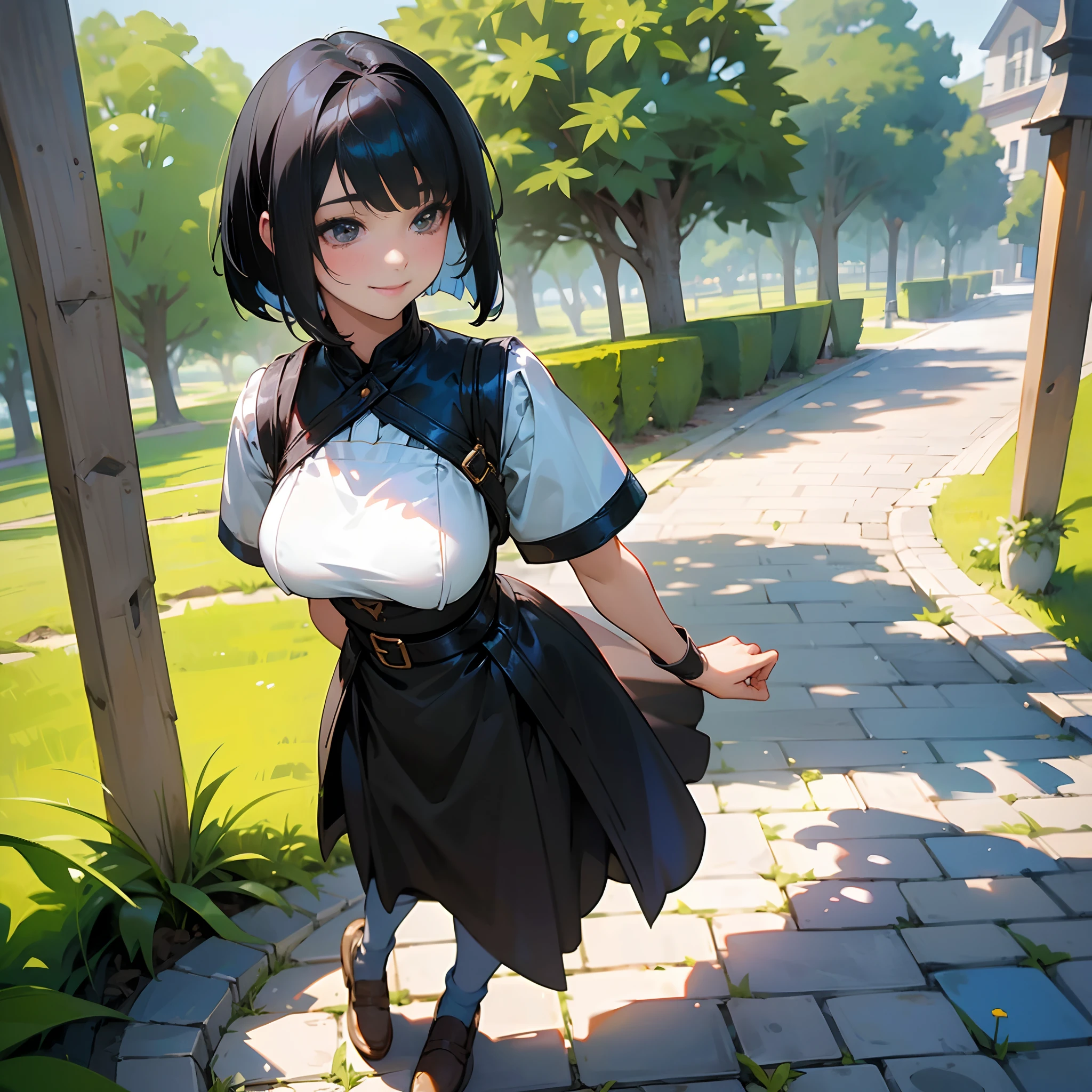 With the best image quality、 girl standing alone outdoors。In high resolution、Beautiful fine details、tranquil atmosphere。((Black Hair Bob Hair))、Cute smile。(((breasts are large)))、I don't have anything in my hands、realistic hand、Medieval European national costume with short sleeves、Medieval European Streets、Leather shoes。