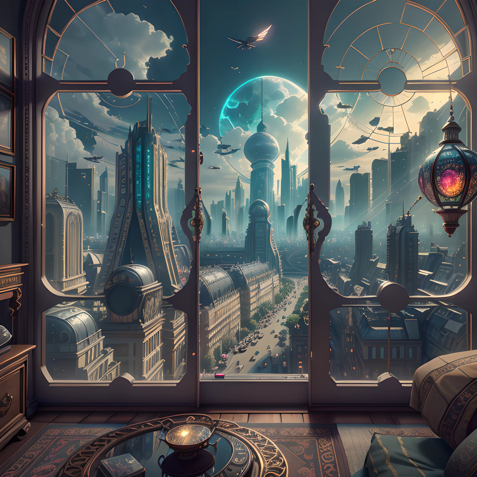 (((Generate an ornate bedroom in the style of Versailles with a big historical window.))) A hyperrealistic cyberpunk dreamscape cityscape is in the window. The cityscape is extremely detailed with many lights and LED neon colors and buildings of many different sizes. The cityscape has all colors of the rainbow and has hires interesting flying steampunk dirigibles. A giant steampunk standalone clock is seen ((through the window)). It is peaceful in the bedroom. The entire artwork is very realistic with many small details and enhancements. 3D render beeple, artstation and beeple highly, in fantasy sci-fi city, inspired by beeple, 8k, unreal engine unity CGI. Masterpiece and popular. Add many fantastical and beautiful details and nuances.