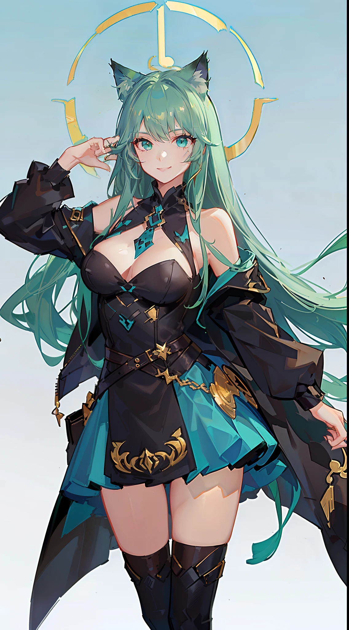 young girl, long turquoise hair, cat ears, turquoise eyes, Smile, black jacket, Green tight dress, diadem, Gold Elements, She-ra, Masterpiece, hiquality, 4k, HD, Good detail