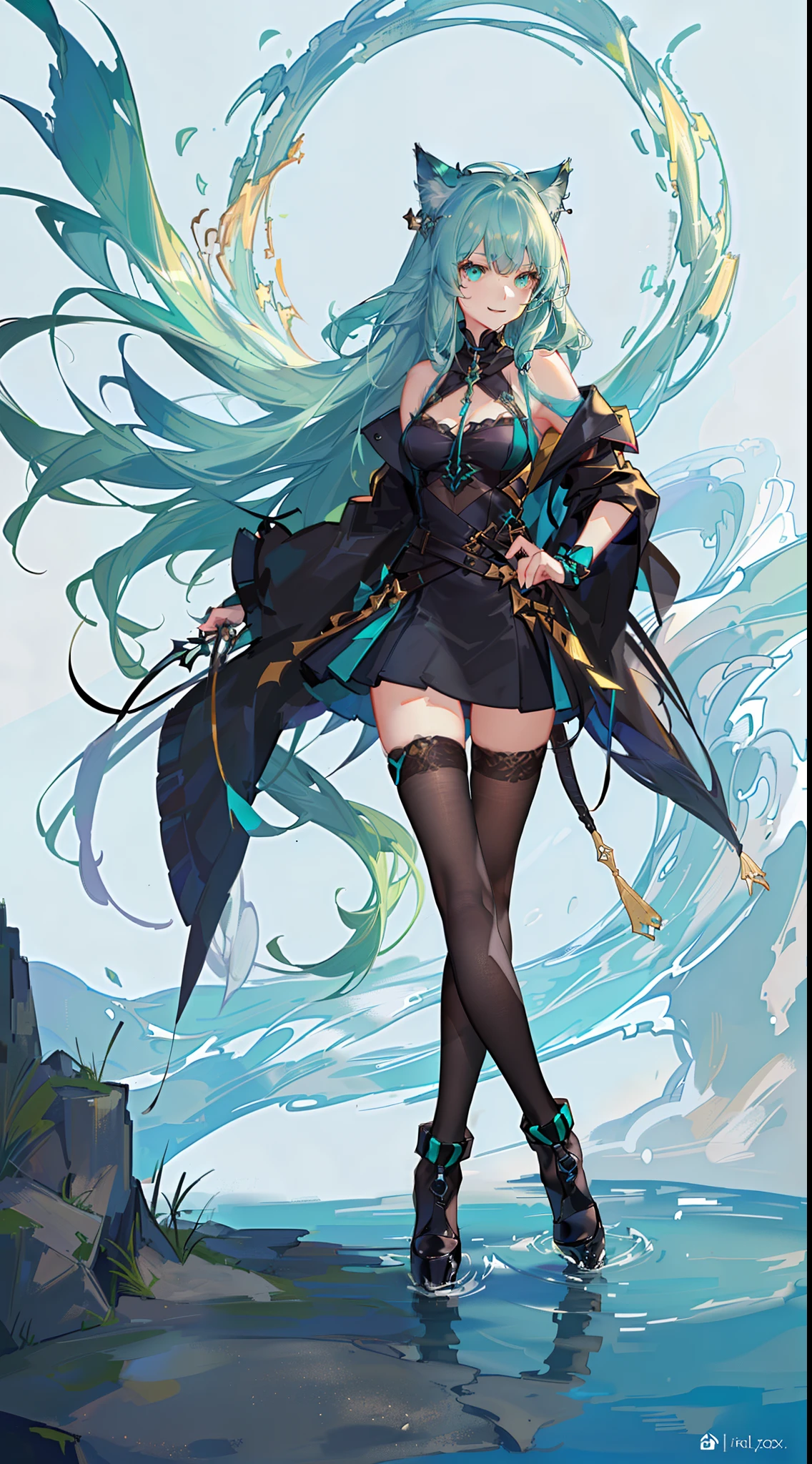 young girl, long turquoise hair, cat ears, turquoise eyes, Smile, black jacket, Green tight dress, diadem, Gold Elements, She-ra, Masterpiece, hiquality, 4k, HD, Good detail