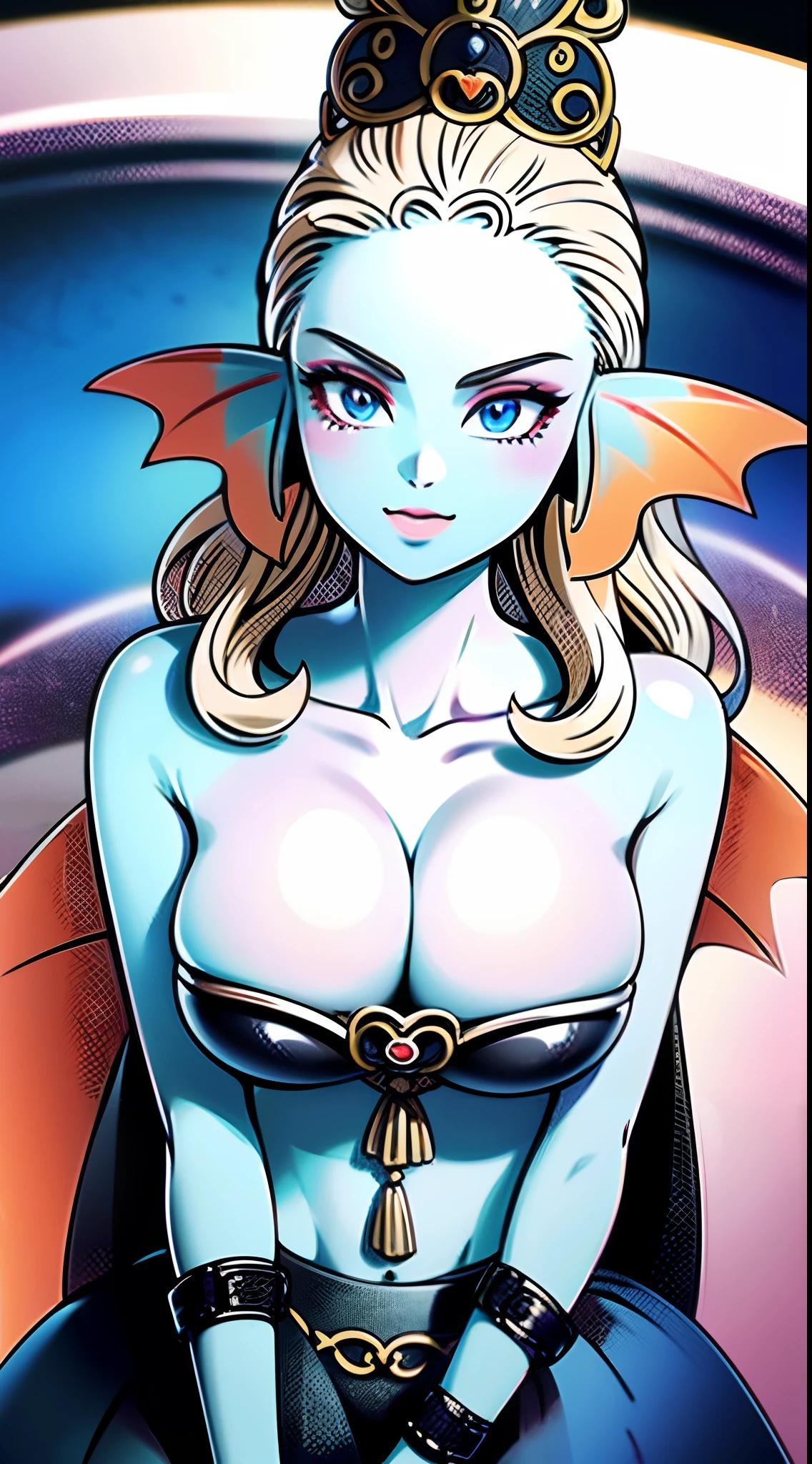 8K,high quality,animated,clean,clean,bright,highlights in eyes,sexy,super big tits,oversized boobs,erotic,well drawn,nude,beautiful line drawing. Blue skin (intensity 2.0), well drawn ears, ear's are blue and orange gradient fins, blue nipples (always), blue nude, drawn from head to waist (always), nothing on (always), nude (intensity 2.0), comic book cover, adult magazine cover,