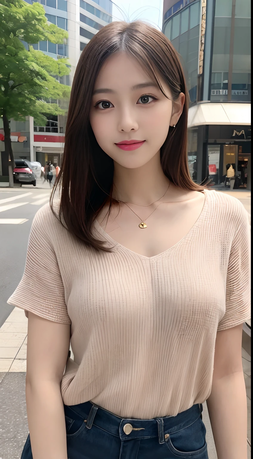 masutepiece, Best Quality, Illustration, Ultra-detailed, finely detail, hight resolution, 8K Wallpaper, Perfect dynamic composition, Beautiful detailed eyes, Women's Fashion Summer,Bob in Short, Marron Beige Hair, A little bigger, Natural Color Lip, Bold sexy poses, Smile, Harajuku, 20 years girl, Cute, Sexy shot looking at camera