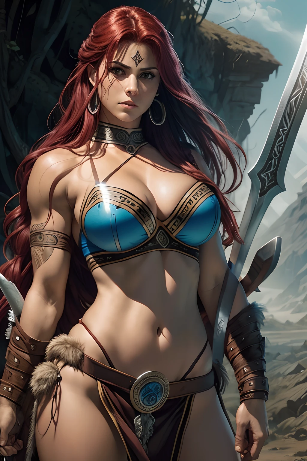 um close up de uma mulher com uma espada e um capacete em, Como ilustrado em Top Cow Comics, david finch, zenescope, barbarian woman, Directed by: Mark Brooks, inspirado por Mark Brooks, barbarian warrior woman, Mark Brooks detalhou, very beautiful female barbarian, Adrian Smith Arte de fantasia, uma mulher berserker muito bonita, Marcos Silvestri, arte da capa dos quadrinhos