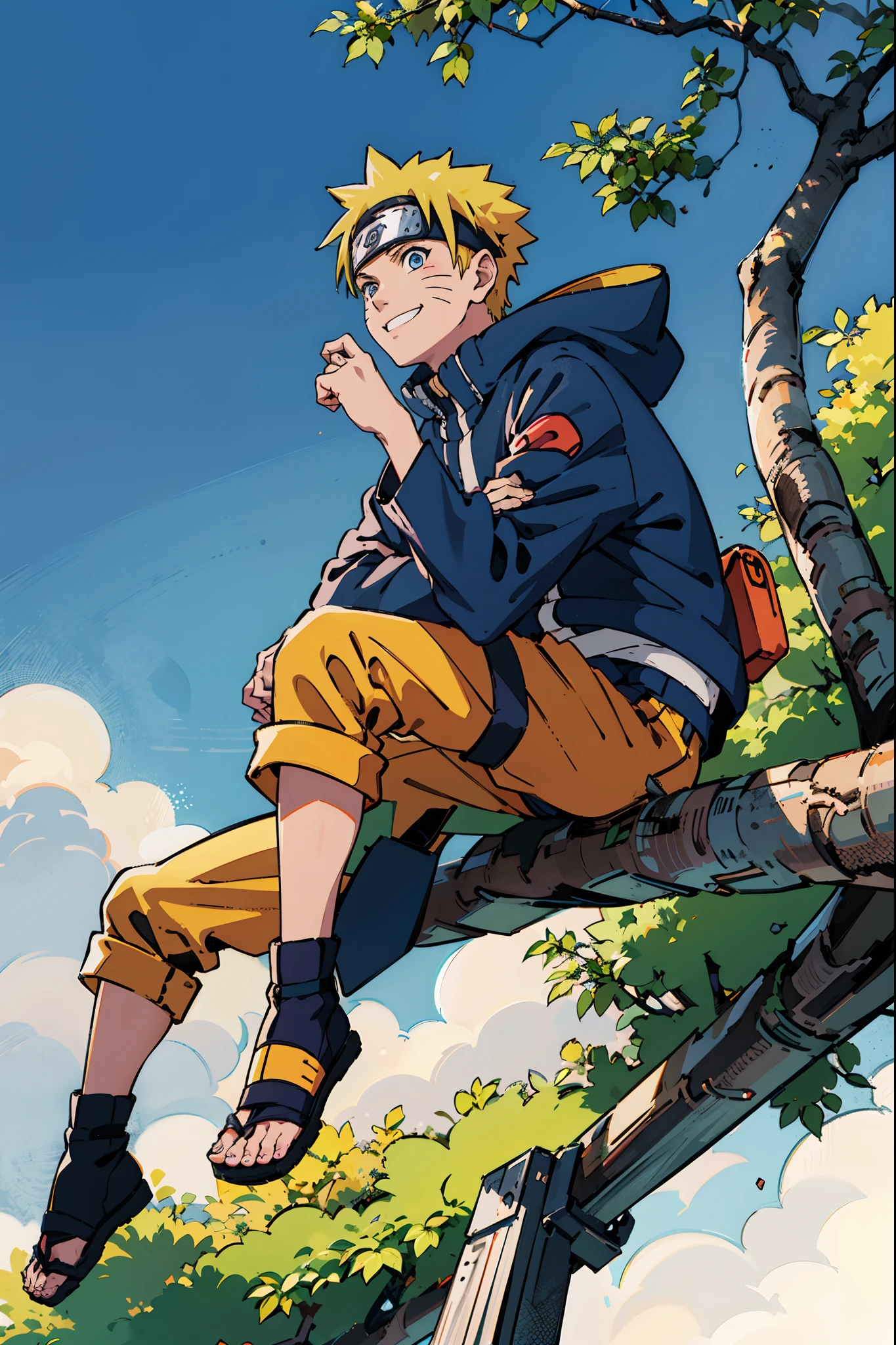 Naruto Uzumaki sitting on a Tree branch, smiling, looking off into the distance, Naruto Anime style, TV Tokyo animation