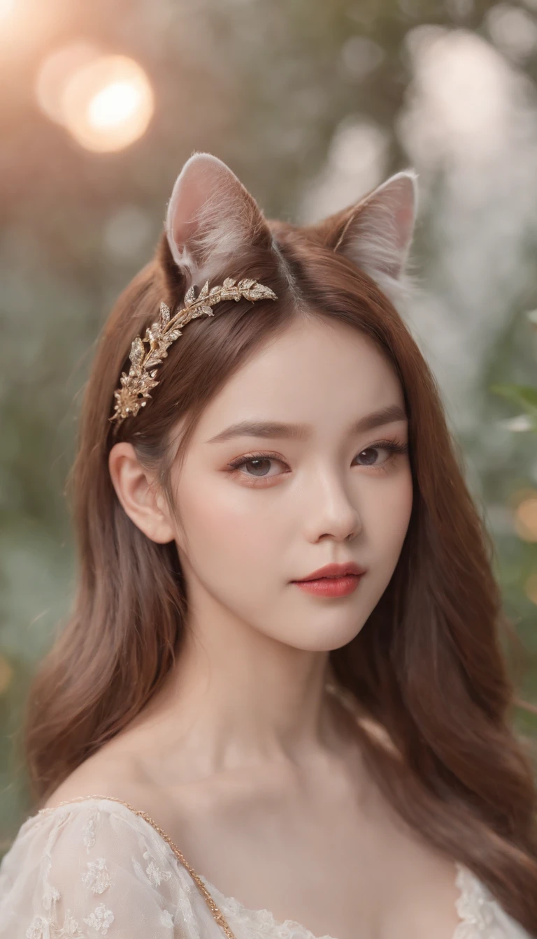 Best quality,4K,8K,A high resolution,Masterpiece:1.2,Ultra-detailed,Realistic:1.37,Cute,Girly,Portrait style,Long hair,Cat ears，Sparkling eyes,piercing eyes,Cat-like eyes,Beautiful face,rosycheeks,Soft and flawless skin,young look,pouty lips,Cat ears,Delicate anchor necklace,dressed stylishly,Shoulder-length hair,Similar to Korean fashion,Trendy,Glowing lights,Pastel colors,Subtle shadows,fairytale atmosphere,Ethereal background, dreamlike scenes