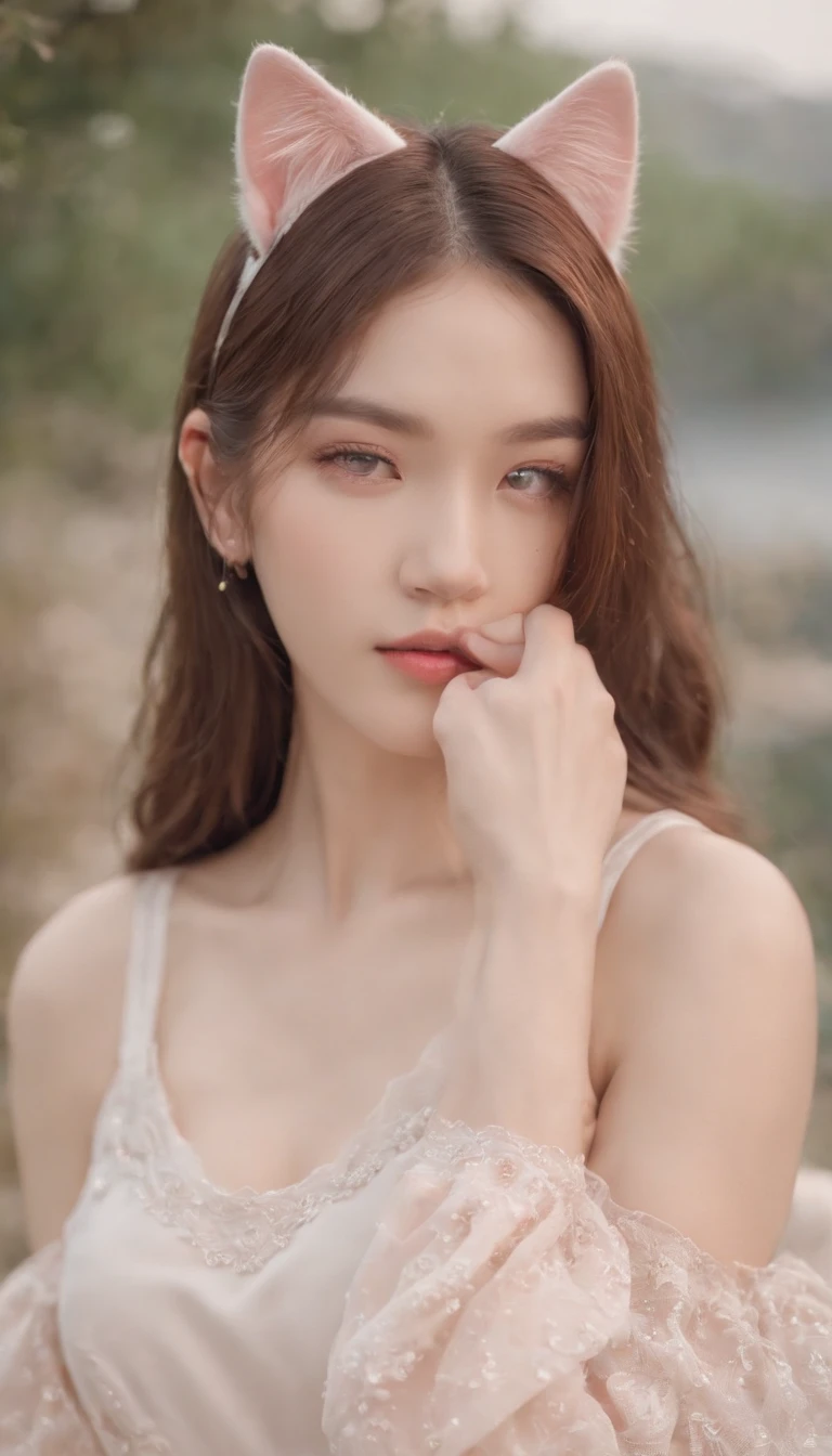 Best quality,4K,8K,A high resolution,Masterpiece:1.2,Ultra-detailed,Realistic:1.37,Cute,Girly,Portrait style,Long hair,Cat ears,Sparkling eyes,piercing eyes,Cat-like eyes,Beautiful face,rosycheeks,Soft and flawless skin,young look,pouty lips,Cat ears,Delicate anchor necklace,dressed stylishly,Shoulder-length hair,Similar to Korean fashion,Trendy,Glowing lights,Pastel colors,Subtle shadows,fairytale atmosphere,Ethereal background, dreamlike scenes