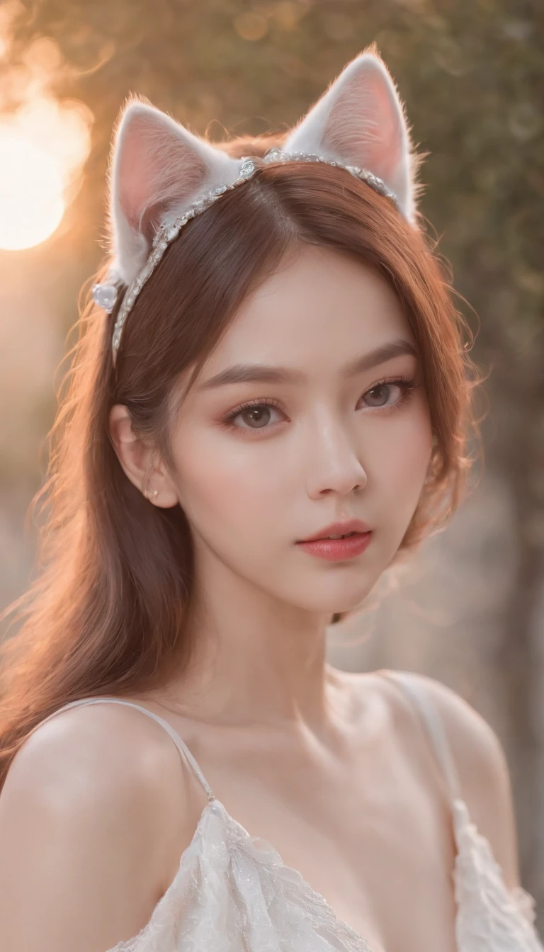 Best quality,4K,8K,A high resolution,Masterpiece:1.2,Ultra-detailed,Realistic:1.37,Cute,Girly,Portrait style,Long hair,Cat ears,Sparkling eyes,piercing eyes,Cat-like eyes,Beautiful face,rosycheeks,Soft and flawless skin,young look,pouty lips,Cat ears,Delicate anchor necklace,dressed stylishly,Shoulder-length hair,Similar to Korean fashion,Trendy,Glowing lights,Pastel colors,Subtle shadows,fairytale atmosphere,Ethereal background, dreamlike scenes