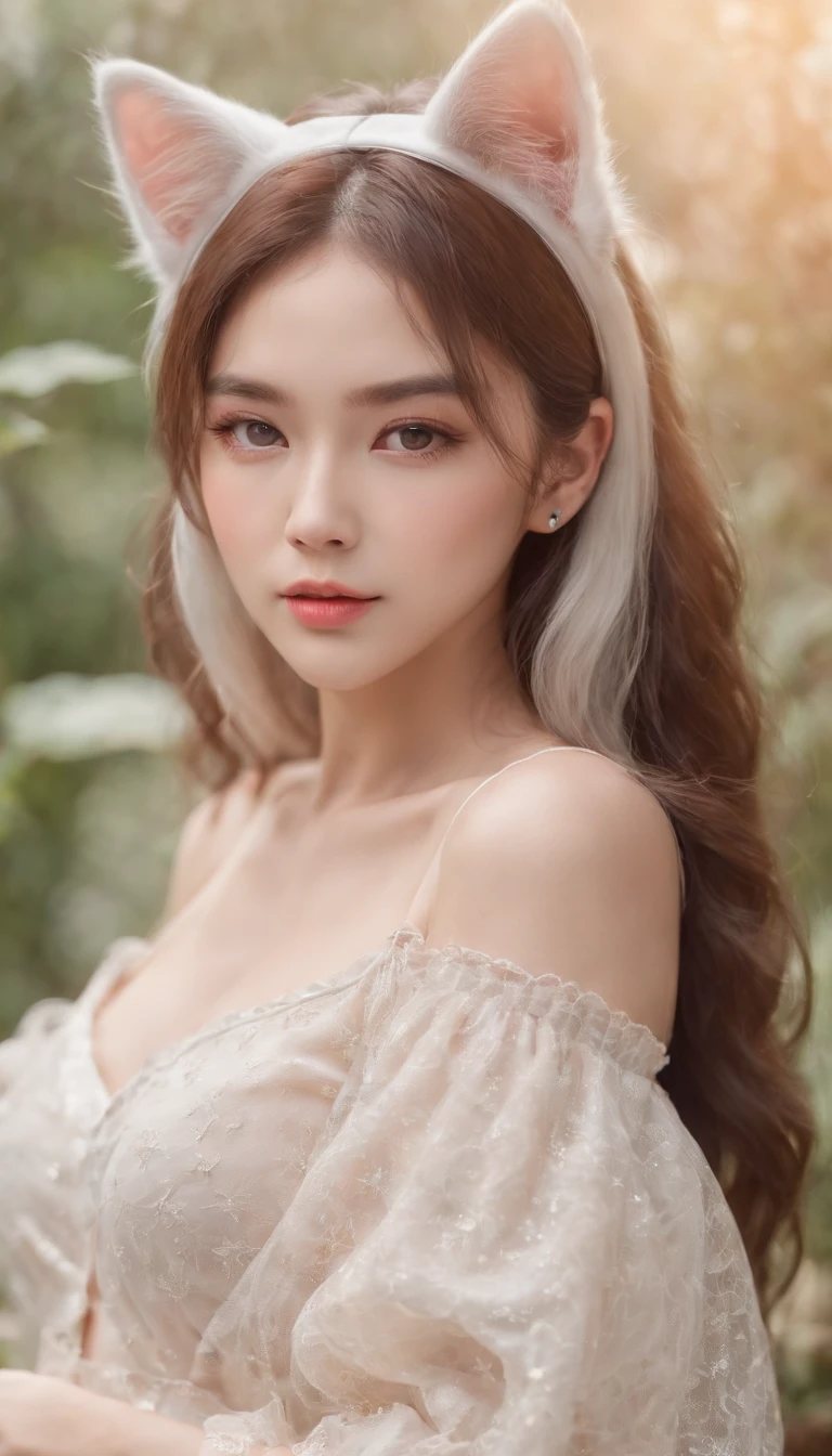 Best quality,4K,8K,A high resolution,Masterpiece:1.2,Ultra-detailed,Realistic:1.37,Cute,Girly,Portrait style,Long hair,Cat ears，Sparkling eyes,piercing eyes,Cat-like eyes,Beautiful face,rosycheeks,Soft and flawless skin,young look,pouty lips,Cat ears,Delicate anchor necklace,dressed stylishly,Shoulder-length hair,Similar to Korean fashion,Trendy,Glowing lights,Pastel colors,Subtle shadows,fairytale atmosphere,Ethereal background, dreamlike scenes