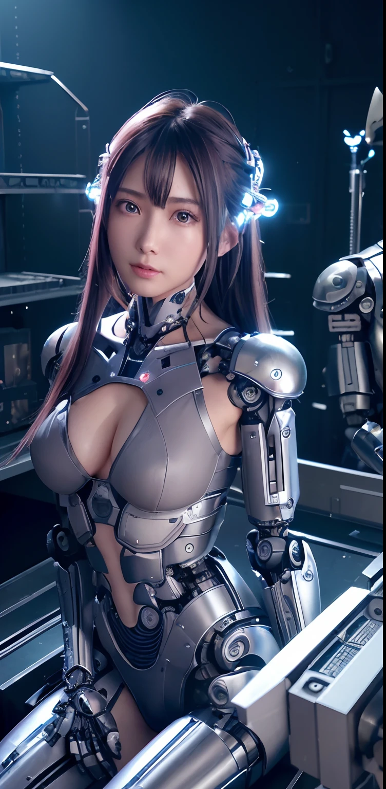top-quality、​masterpiece、超A high resolution、(Photorealsitic:1.4)、((a beauty girl:1.6)), 1 full-body cyborg girl、sixteen years old、NOhumans、((The skin part is only the face)), Luminous Eyes、Dark Metal Body、((Lots of Split Dark Metal Chest Protectors)), Metal Robot、((The whole body is the body of a combat robot))、((Body parts are robot parts:1.8))、((The internal mechanisms of the chest are exposed)), ((Mechanical chest armor with LED indicators and meters)), Robot arms and legs、((Exposed metal skeleton of the abdomen))、Metal skeleton of the cervical region、Under repair、destroyed body、Metal Mechanical Bra、Full Body Metal Skin、Metal bodysuit、Metal scales covering the whole body、body made of metal、Whole body metal、a beauty girl、prosthetic hand、artificial leg、Full body cyborg、Exposed metal skeleton、Asian Beauty、cyberpunked、steampunc、Inside the futuristic space battleship、laboratory、Complex 3d rendering beautiful porcelain profile ultra detailed female type android face、dark brown  hair、glowy skin、((super realistic details))、portlate、globalillumination、Shadow、octan render、metals、Details of complex ornaments、Japan details、highly intricate detail、Realistic light、CGSoation Trends、a purple eye、radiant eyes、Facing the camera、neon details、Mechanical limbs、blood vessels connected to tubes、Mechanical vertebrae attached to the back、mechanical cervical attaching to neck、sitting on、Wires and cables connecting to the head、Gundam、Small LED lamp、​masterpiece、 Metal Robot、body made of metal、Whole body metal、prosthetic hand、artificial leg、Full body cyborg、Exposed metal skeleton、Asian Beauty、cyberpunked、steampunc、Futuristic cities、laboratory、Complex 3d rendering beautiful porcelain profile super detailed female android face、cyborgs、roboticparts、150mm、beautiful studio soft light、Rim Lights、vibrant detail、luxuriouscyberpunk、Ren Hao、surrealistic、Anatomical、face muscles、cable electric wires、microchips、elegent、beatiful backgrounds、octan render、HR Giger Style、8K、top-quality、​masterpiece、illustra