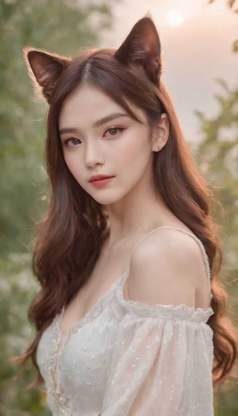 Best quality,4K,8K,A high resolution,Masterpiece:1.2,Ultra-detailed,Realistic:1.37,Cute,Girly,Portrait style,Long hair,Cat ears,Sparkling eyes,piercing eyes,Cat-like eyes,Beautiful face,rosycheeks,Soft and flawless skin,young look,pouty lips,Cat ears,Delicate anchor necklace,dressed stylishly,Shoulder-length hair,Similar to Korean fashion,Trendy,Glowing lights,Pastel colors,Subtle shadows,fairytale atmosphere,Ethereal background, dreamlike scenes
