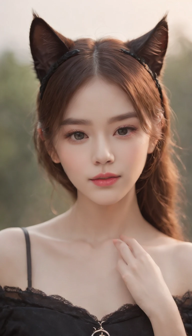 Best quality,4K,8K,A high resolution,Masterpiece:1.2,Ultra-detailed,Realistic:1.37,Cute,Girly,Portrait style,Long hair,Cat ears,Sparkling eyes,piercing eyes,Cat-like eyes,Beautiful face,rosycheeks,Soft and flawless skin,young look,pouty lips,Cat ears,Delicate anchor necklace,dressed stylishly,Shoulder-length hair,Similar to Korean fashion,Trendy,Glowing lights,Pastel colors,Subtle shadows,fairytale atmosphere,Ethereal background, dreamlike scenes