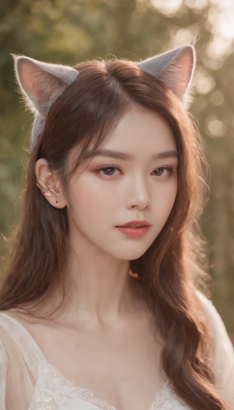 Best quality,4K,8K,A high resolution,Masterpiece:1.2,Ultra-detailed,Realistic:1.37,Cute,Girly,Portrait style,Long hair,Cat ears，Sparkling eyes,piercing eyes,Cat-like eyes,Beautiful face,rosycheeks,Soft and flawless skin,young look,pouty lips,Cat ears,Delicate anchor necklace,dressed stylishly,Shoulder-length hair,Similar to Korean fashion,Trendy,Glowing lights,Pastel colors,Subtle shadows,fairytale atmosphere,Ethereal background, dreamlike scenes