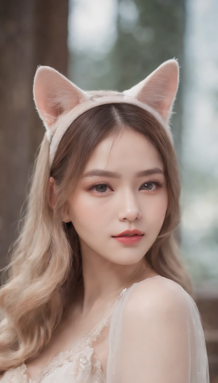 Best quality,4K,8K,A high resolution,Masterpiece:1.2,Ultra-detailed,Realistic:1.37,Cute,Girly,Portrait style,Long hair,Cat ears，Sparkling eyes,piercing eyes,Cat-like eyes,Beautiful face,rosycheeks,Soft and flawless skin,young look,pouty lips,Cat ears,Delicate anchor necklace,dressed stylishly,Shoulder-length hair,Similar to Korean fashion,Trendy,Glowing lights,Pastel colors,Subtle shadows,fairytale atmosphere,Ethereal background, dreamlike scenes