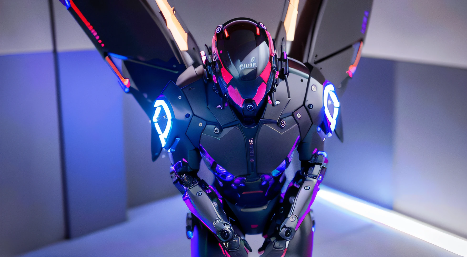 divine paradise. heavenly illumination. God. Holy robotic. Flying. Position of god. Floating in a cathedral. strong, robust and masculine body. fat arms. Position of divinity. Floating. flying. masterpiece, best quality, a close up of a futuristic looking cyborg man with a fantastic cyber helmet head with red and blue triangle led lights and a halo, full body, dancing. dance. synthwave ballad. silver pants. wearing a red and blue techwear jacket, white church in background. full body, robotic legs. bald head. helmet.