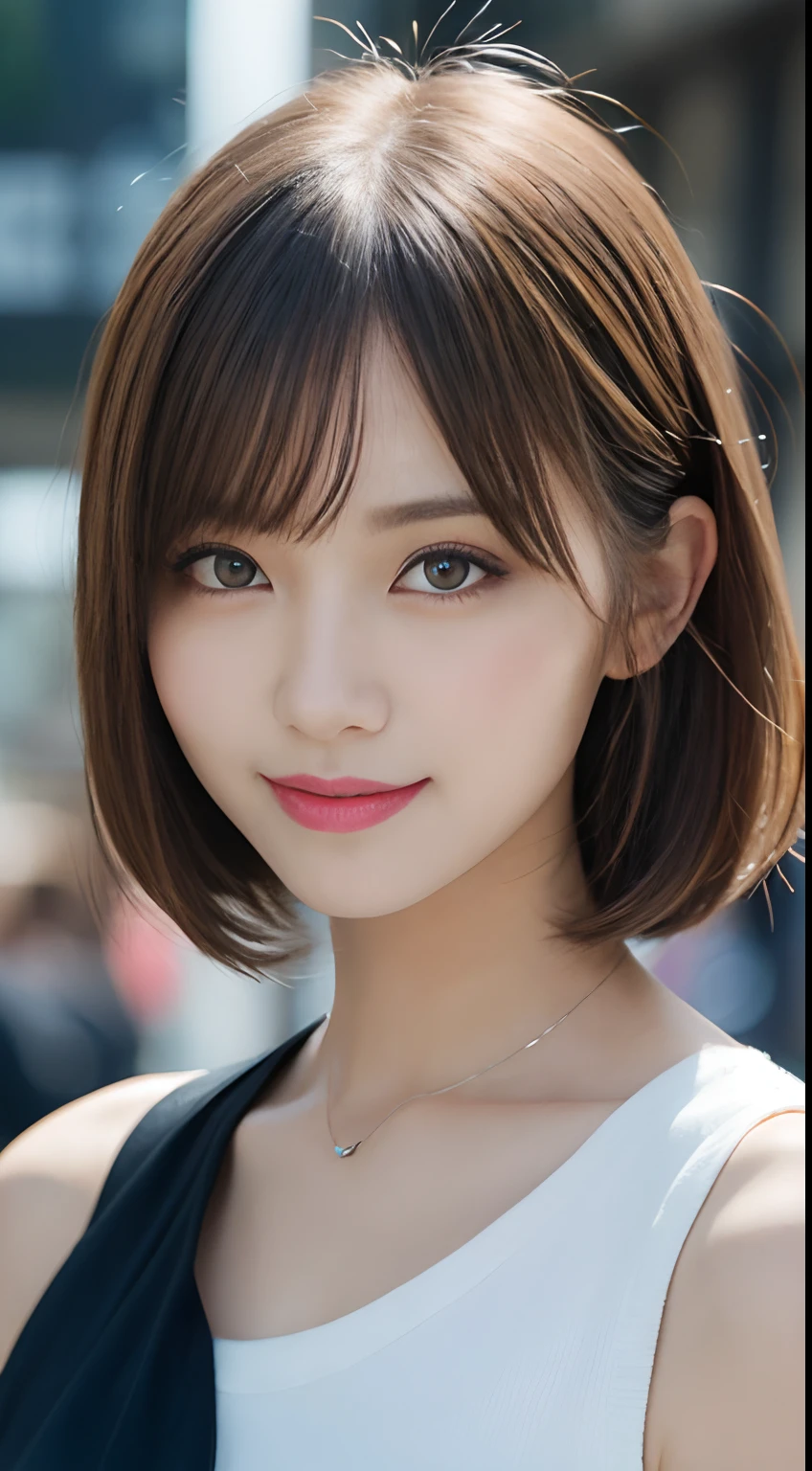 masutepiece, Best Quality, Illustration, Ultra-detailed, finely detail, hight resolution, 8K Wallpaper, Perfect dynamic composition, Beautiful detailed eyes, Women's Fashion Summer, Short Bob, Silver plum hair, A little bigger, Natural Color Lip, Bold sexy poses, Smile, Harajuku, 20 years girl, Cute, Sexy shot looking at camera