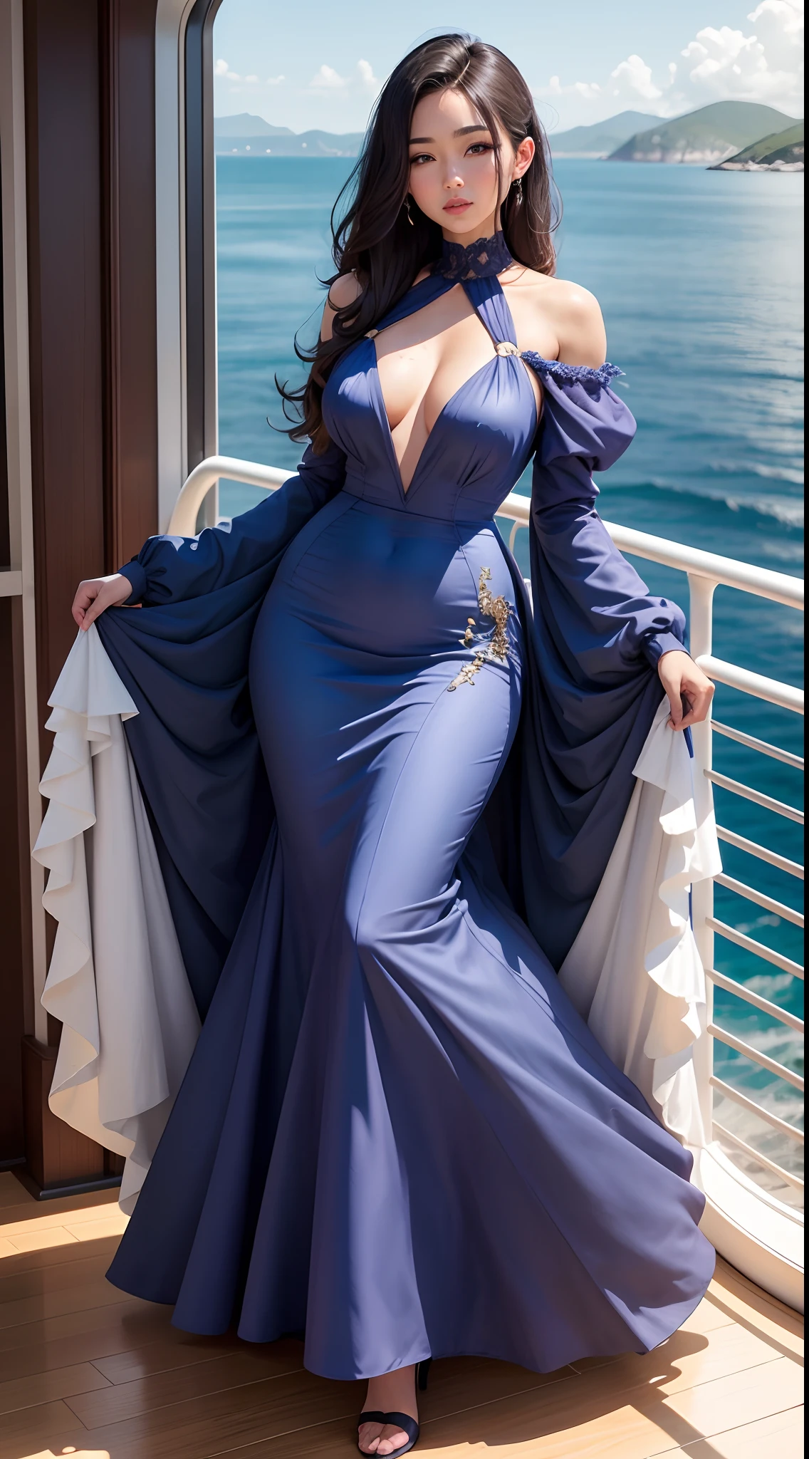 "Generate a high-quality image of a woman wearing a floor-length dress aboard a cruise ship, with a breathtaking seascape in the background. The dress should be made of loose and flowing fabric, without clinging to the body. It should have long sleeves and a high collar, without any neckline that could be interpreted as sensual. The dress must completely cover the woman's shoulders, arms, legs, and feet, providing an elegant and formal appearance."