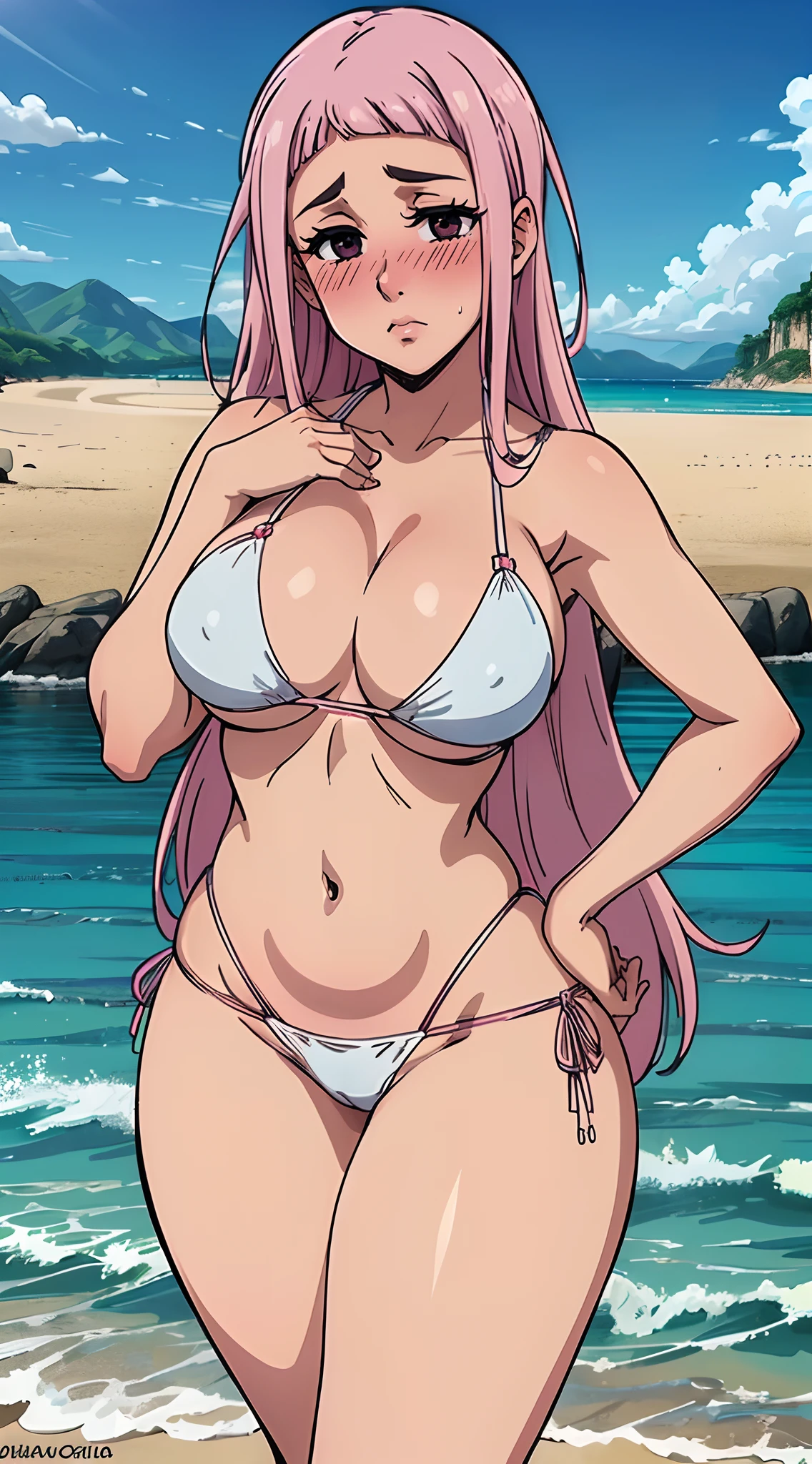 (melhor qualidade:1.3), (qualidade 4K), MelaScula por Nanatsu no Taizai, (cabelos longos), ((rosto detalhado)), ((body curvy)), ((corar)), (peitos grandes), clivagem, sexy, ((flossing white bikini)), (Praia),