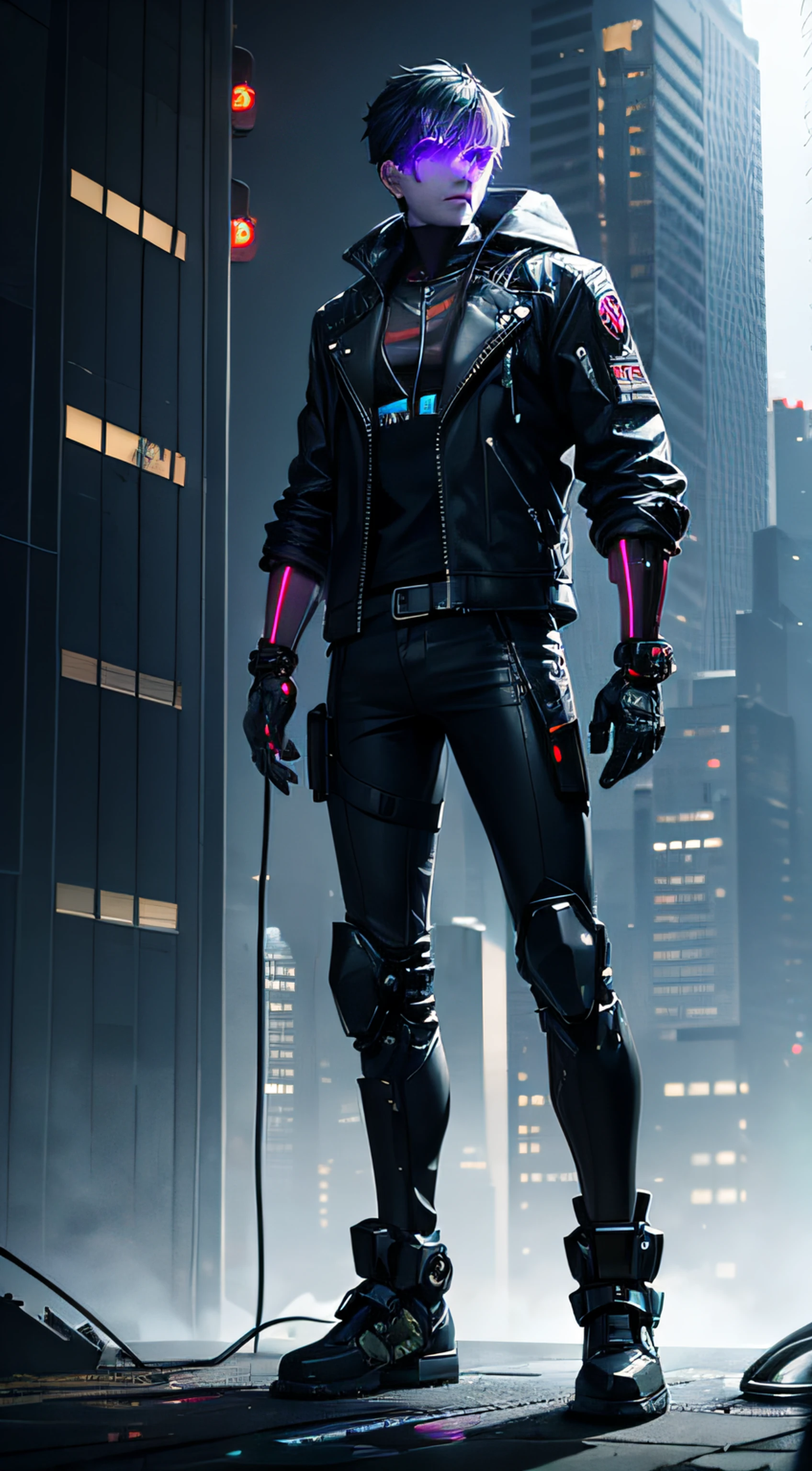 A man with a cyberpunk-style mechanized body part stands out. His transparent skin exposes circuits and cables, And his eyes glow with colored LEDs. The limbs are a mixture of meat and metal, Features an advanced prosthetic and cybernetic interface. Wearing a black leather jacket, The character is set in a dystopian urban setting，Skyscrapers decay. The image represents the fusion between man and machine in a cyberpunk futuristic world