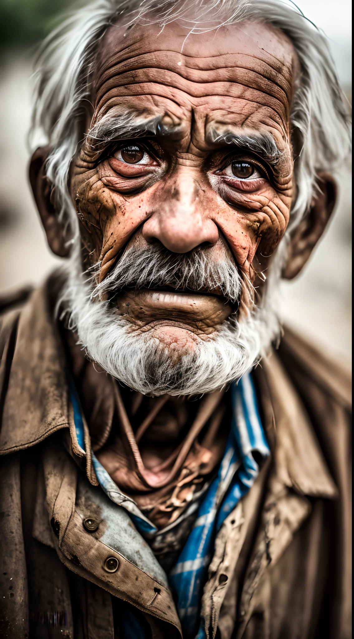 photo of a portrait of poor old worker in rags, ((overwhelming fatigue )), wrinkles of age,nature,gritty, messy, face, half body, body,nature,high detailed skin, mine, weather sultry, no wind, 8k uhd, dslr, soft lighting, high quality, film grain, Fujifilm XT3