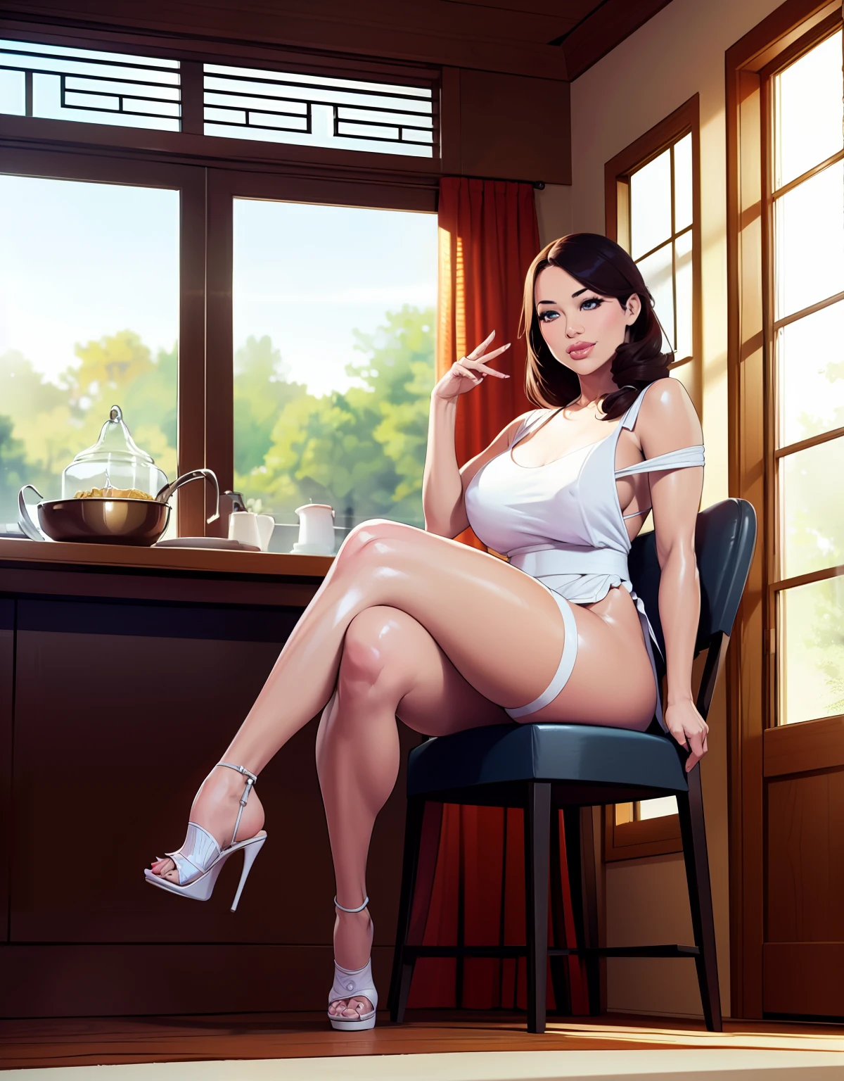 girl, sitting at a kitchen table, legs crossed, (((August Taylor the asian pornstar))), looking at the viewer with a doting and loving expression. The focus is on the detailed body and face of the girl, specifically August Taylor:1.4, bimbo accurate and detailed picture of august taylor:1.3, full body, long legs, long abdomen, ditzy bimbo, huge lips, ((36 year old milf is Asian)), small waist, absurdly large natural breasts:1.4, white lac top and micro white skirt:1.2, white stiletto heels:1, huge botox filled lips, closed lips, pursed lips, closed mouth, ultra detailed, ultra realistic:1.3, Masterpiece:1.2, ((in the morning with sunlight beaming through large suburban window in large rich kitchen)), minimalistic:1, thus emphasizing her unique facial features and eyes. The scene should be rendered in a realistic and high-resolution manner, with ultra-detailed elements that showcase professional artistry. The color palette leans towards warm and inviting tones, accentuating the cozy kitchen environment. The lighting should be soft, casting a warm glow that enhances the girl's features and creates a pleasant atmosphere.