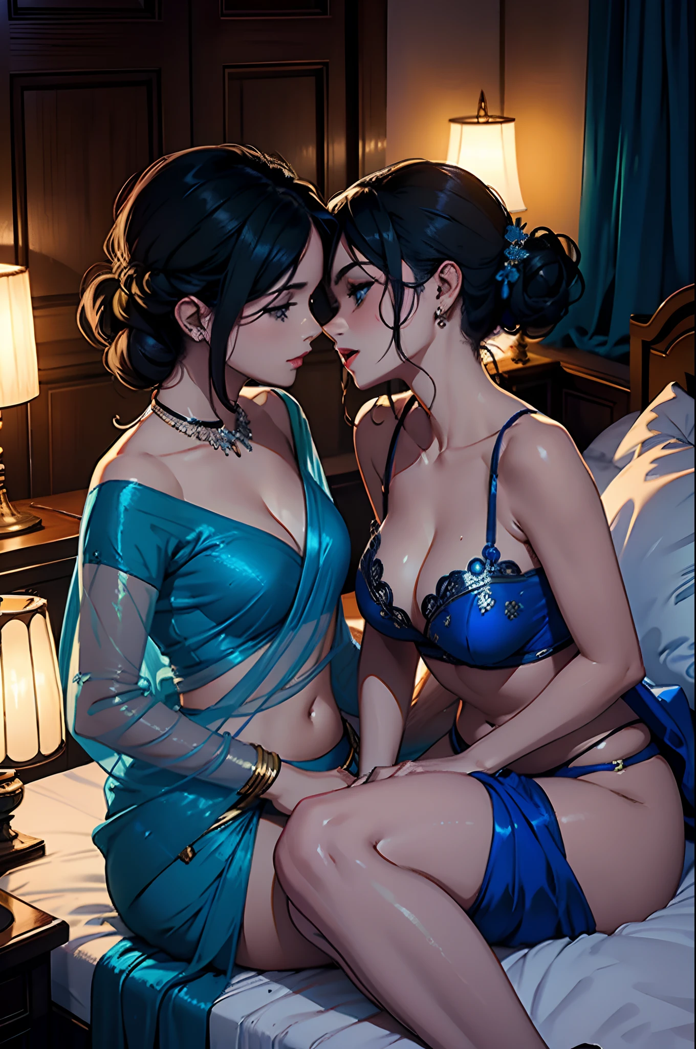 Two sexy woman aggressively making out, wearing blue saree, in bed, dark room, one lamp