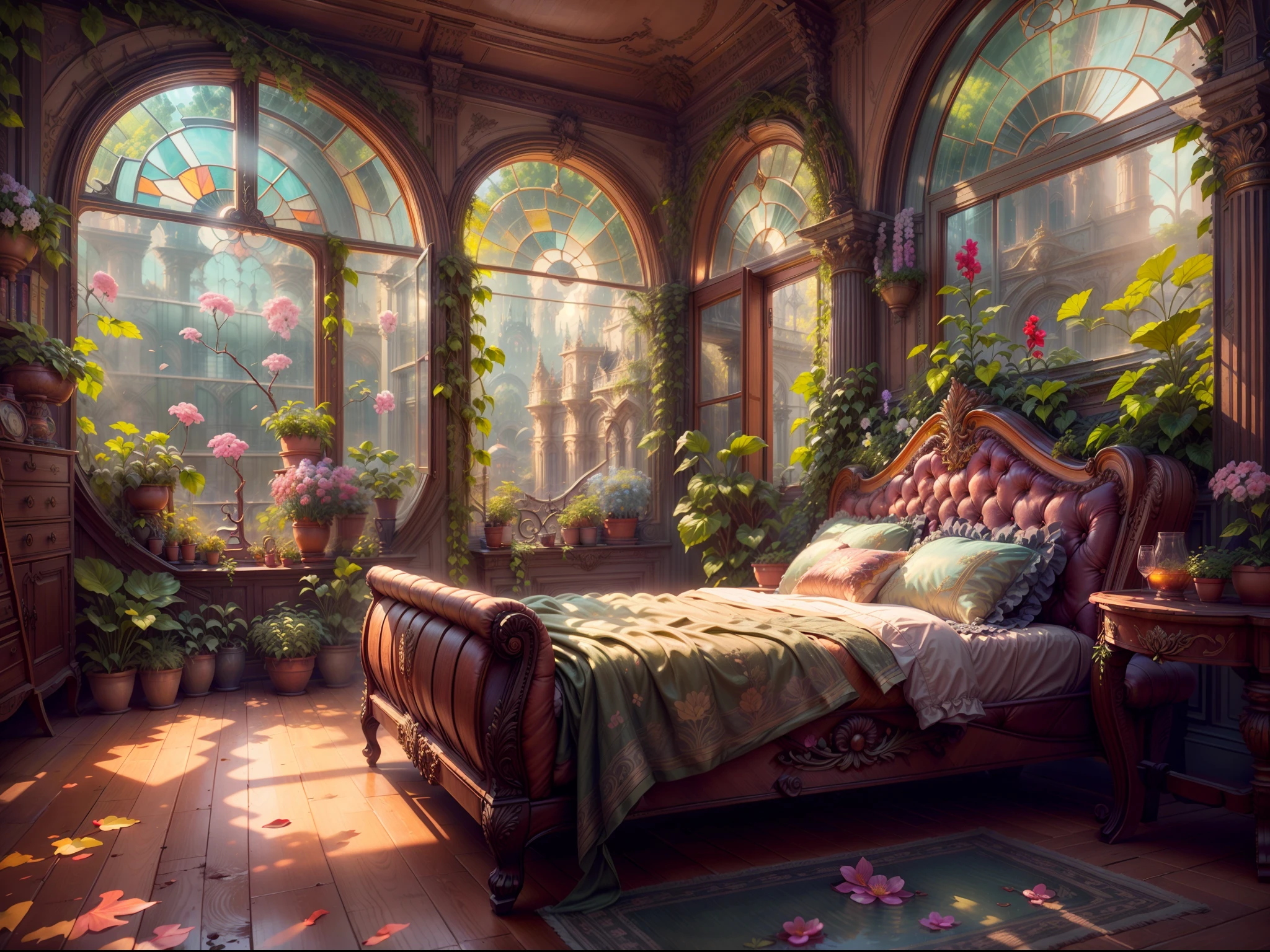 Solarpunk Dreamscape: The Royal Botanical Sanctuary | Generate an ornate botanical bedroom in the style of Versailles in a solarpunk world. There is a giant historical window in the bedroom. The giant French historical window is adorned with intricate carvings and dominates one wall. Through the massive window, a colorful and intricate solarpunk cityscape is visible. The cityscape is bustling and interesting, with many small details and high visual interest. The bedroom is peaceful, with many elegant flowers and flowered ivy among the rich silk fabric and hardwood floor. Take inspiration from rooftop gardens, royal french gardens, beautiful rose gardens, and whimsical fantasy. Include beautiful fantasy details and touches, including fantasy water, books, 3D touches, and delicate tendrils of ivy. Camera: Utilize innovative lighting techniques to emphasize the realism and beauty of the image. Delicate flower petals from floating flowers dance through the air. Utilize dynamic composition to create a compelling image. ((stained glass))