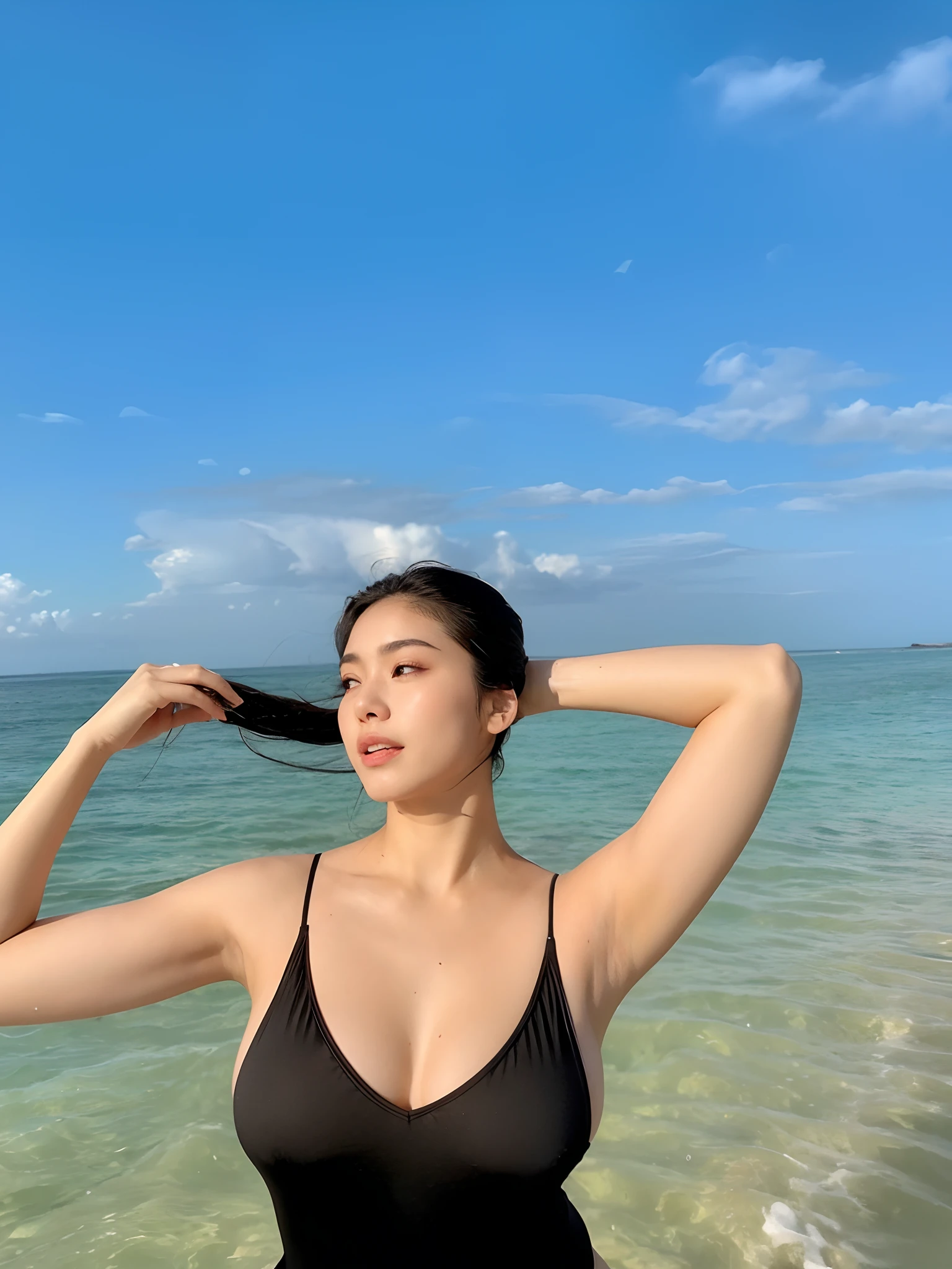 woman in black swimsuit standing in shallow ocean with long hair, posing on a beach with the ocean, cindy avelino, is wearing a swimsuit, the ocean in the background, in water up to her shoulders, at a beach, in water! up to shoulders, at a tropical beach, gemma chen, 🤬 🤮 💕 🎀, wearing two - piece swimsuit, big boobs, detailed hard , busty boobs, sweaty detailed armpit, detailed armpit, cleavage out, busty boobs, seductive cleavage, nipples showing, detailed hard nipples