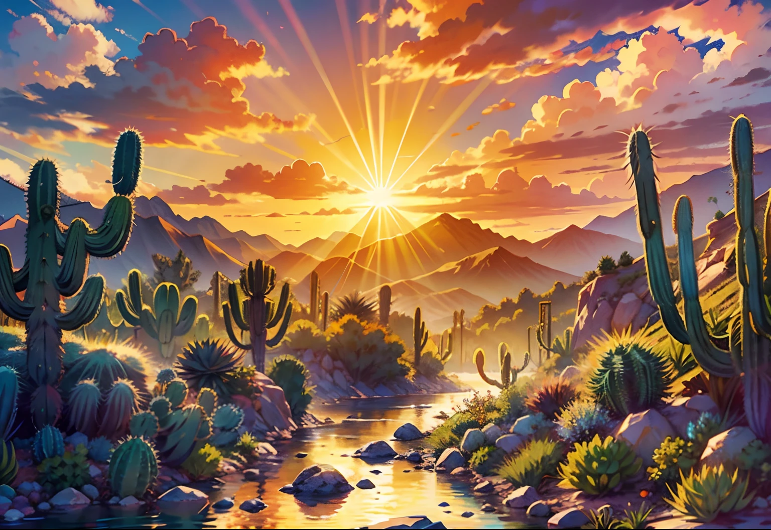 Boho Style,sunraise,suns rays,mountain ranges,Clouds,A river in the middle,Various plants by the river,cacti