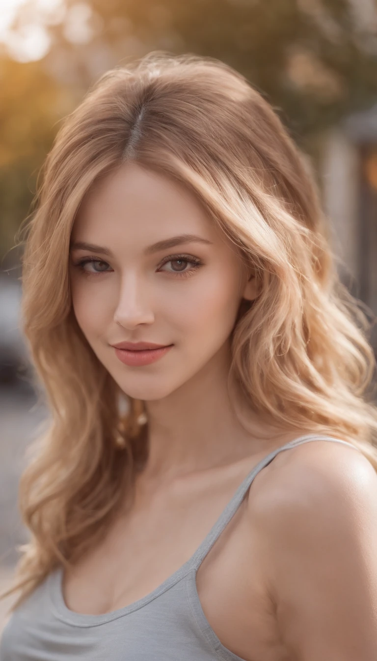 A woman posing in a shirt on a street corner，Best quality at best，1girl，Large breasts，In the daytime，brightly，blur backgroun，Background bokeh，exteriors，（the street：0.8），（a person，crowd of：1），（short detailed hair，Front Liuhai：1.2），Beautiful Details Sky，（dynamicposes：1.2）， （The upper part of the body：0.8），gentlesoftlighting，ventania，shiny skins，ssmile，on  back, AV actress，blond，Brown skin，being thin, （shirt，shirt：1.ga poses：0.8），