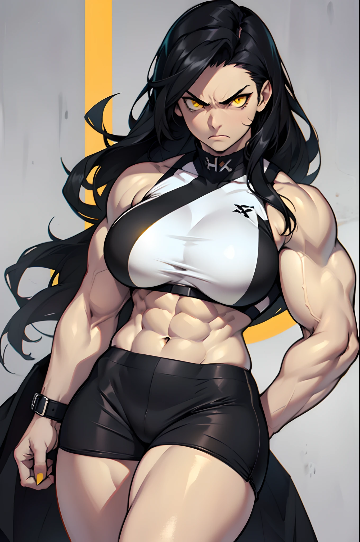 ((muscular, thick thighs, large breasts, angry, 1 girl, black hair, yellow eyes, very long hair, pale skin, abs))