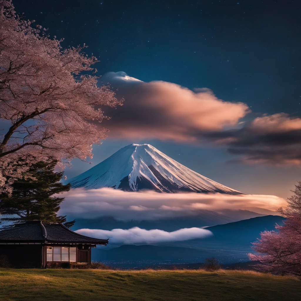 Master Parts、Superior Quality、superior image quality、The 8k quality、Beautiful pictures of the starry sky、magnifica、(Mt fuji:1.25)、dramatic cloud:1.5、Evening glow:1.9、Lenticular clouds:1.9