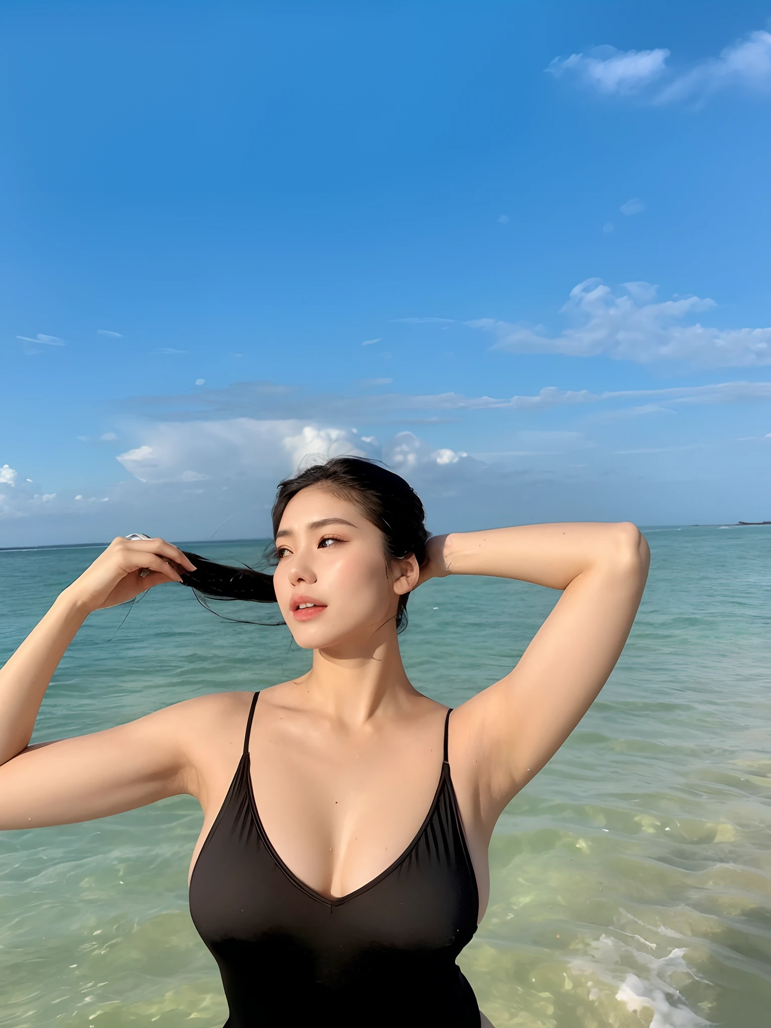 woman in black swimsuit standing in shallow ocean with long hair, posing on a beach with the ocean, cindy avelino, is wearing a swimsuit, the ocean in the background, in water up to her shoulders, at a beach, in water! up to shoulders, at a tropical beach, gemma chen, 🤬 🤮 💕 🎀, wearing two - piece swimsuit, big boobs, detailed hard , busty boobs, sweaty detailed armpit, detailed armpit, cleavage out, busty boobs, seductive cleavage,  showing, detailed hard nipple