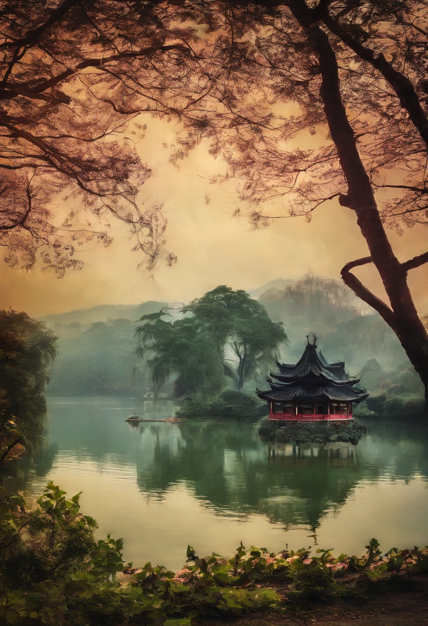 (tmasterpiece，Authentic photography，Photographic works，Concise composition：1.5），West Lake scenery，Beautiful artistic conception