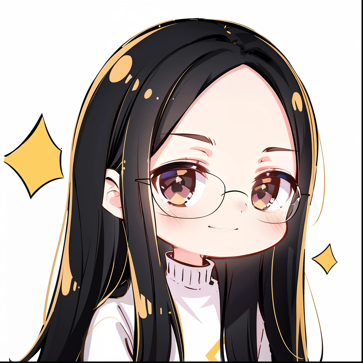 超A high resolution, Best-aesthetic, white  clothes, black-frame glasses，long whitr hair，middle parted hairstyle, Flat avatar, Anime visuals of cute girls, lovely art style,Drawing on paper, Simple background, Large oval eyes，Medium long hair，Square frame glasses，Medium girl with long black hair and straight hairstyle，cheerful big breasts，Toothy smile，Show forehead，Show forehead，Show forehead，