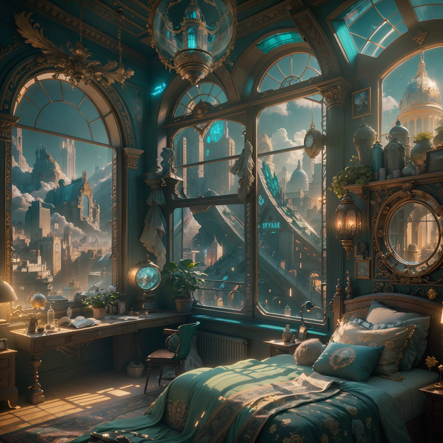 (((Generate an ornate bedroom in the style of Versailles with a big historical window.))) A hyperrealistic cyberpunk dreamscape cityscape is in the window. The cityscape is extremely detailed with many lights and LED neon colors and buildings of many different sizes. The cityscape has all colors of the rainbow and has hires interesting flying steampunk dirigibles. A giant steampunk standalone clock is seen ((through the window)). It is peaceful in the bedroom. The entire artwork is very realistic with many small details and enhancements. 3D render beeple, artstation and beeple highly, in fantasy sci-fi city, inspired by beeple, 8k, unreal engine unity CGI. Masterpiece and popular. Add many fantastical and beautiful details and nuances.