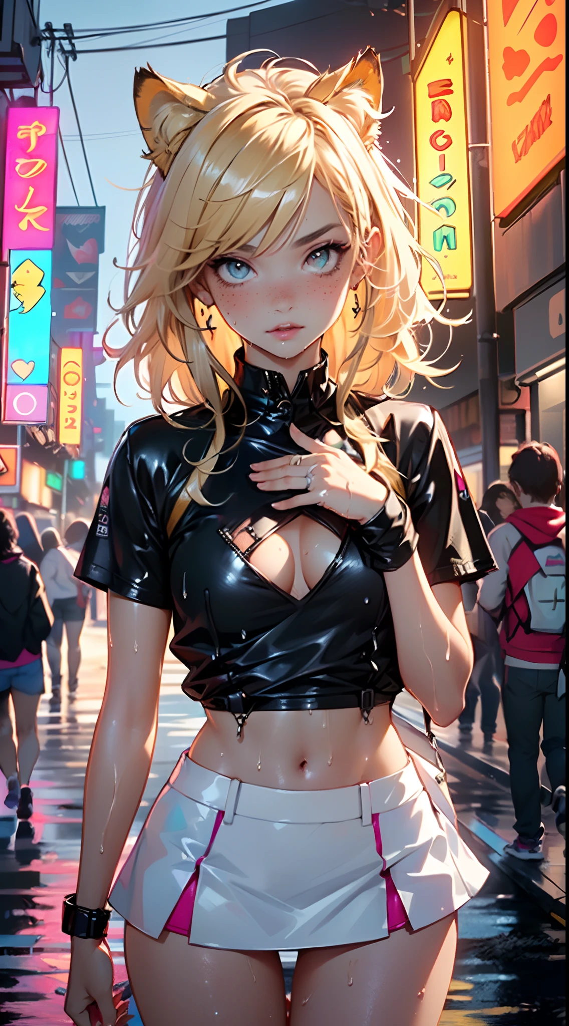 cute little cat loli,(((little loli,small tiny body,petite, chibi))),(((6 *********))),((little cat loli with extremely cute and beautiful blonde hair)),(((cat girl,anthro furry cute,cat-girl))),(((cat ears,cat ears on head,big cat ears))),

(((flat chest))),(((blonde hair:1.35,messy blonde hair,colored inner hair,ear breathing,))),(((neon_orange_eyes1.3))),intricate eyes,beautiful detailed eyes,symmetrical eyes,big eyes:1.5,(((freckles on the face,freckles,freckled girl))),(((lustrous skin:1.5,bright skin: 1.5,skin tanned,shiny skin,very shiny skin,shiny body,plastic glitter skin,exaggerated shiny skin,illuminated skin,wet legs))),(detailed body,(detailed face)),

cute,slutty,erotic,(((nsfw))),

zettai ryouiki,revealing clothing,show skin,((rave shirt,neon shirt,rave mini-skirt,visible thong straps)),(wearing a rave outfit:1.3,rave clothes,semi-naked,with little clothing),((wet clothes,intricate outfit,intricate clothes)),

(dynamic pose:1.0),embarrassed,(centered,scale to fit dimensions,Rule of thirds),

cyberpunk city by the ocean at night, with bright neon signs and dark stormy clouds and puddles, scenery:1.25,

artistic photography,(photography taken by sldr),highres, sharp focus, (ultra detailed, extremely detailed), (photorealistic artwork:1.37),(extremely detailed CG unity 8k wallpaper),((synthwave background theme)),(((vibrant colors))),(intricate background),(masterpiece),(best quality)