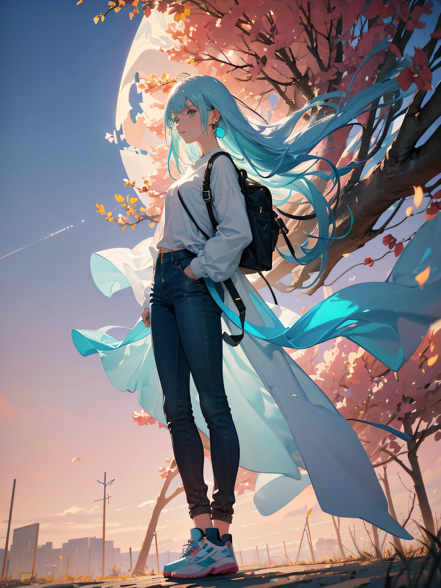 A girl with light green eyes, long straight hair, full body, pink shirt with sleeves, blue jeans, black cap, white sneakers, wearing light blue backpack, shiny earrings, in a square with trees and flowers, (ultra-realistic), {extremely detailed CG unit 8k wallpaper}, Expansive landscape photography, (a centered view that focuses on the character, expansive open field view), (low-angle shot), (high light: 1.5), (low light: 1.0 ), (warm light source: 1.5), intricate details, (Iridescent colors: 1.5), (bright lighting), (atmospheric lighting), dreamy, modern, stylish, solo1