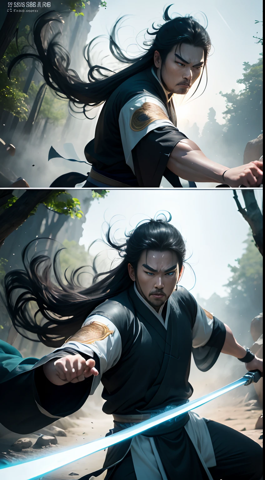 （illustration）comic page，There are multiple panels on the page：Chinese edition of comic books，《Feng Shen List》，《Make a big fuss about the Heavenly Palace》 ，author：Liu Jibiao。Dance with the sword，Flowing black hair，Hanfu，Magic Array，Light effect particles，Dynamic tracking，Punch your fist, Vivid colors。Depth of field 2.0，naturalshadow。【Continuous shooting】::Battle of the Bamboo Forest，illusory engine，Thrilling moments --niji 5 --q 2 ---16K