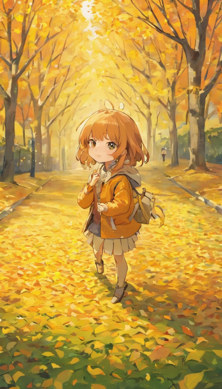 A girl misses her lover in the autumn breeze,Autumn scene,Beautiful and romantic,Estilo minimalista,fuera de foco,插圖,Leaf fall,rico en detalles,Profundidad de campos,originalidad,vista abajo,aerial shot