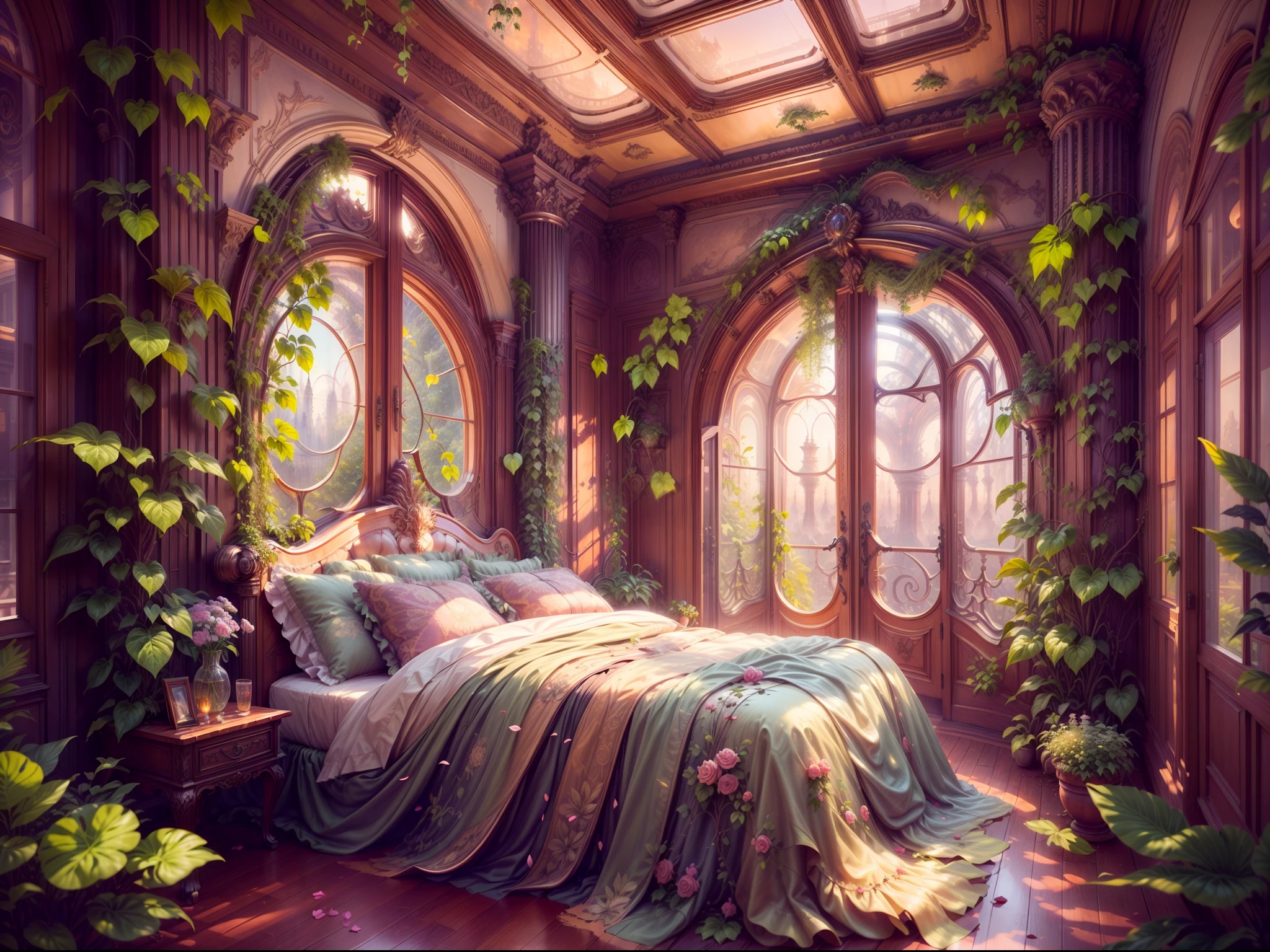 Solarpunk Dreamscape: The Royal Botanical Sanctuary | Generate an ornate botanical bedroom in the style of Versailles in a solarpunk world. There is a giant historical window in the bedroom. The giant French historical window is adorned with intricate carvings and dominates one wall. Through the massive window, a colorful and intricate solarpunk cityscape is visible. The cityscape is bustling and interesting, with many small details and high visual interest. The bedroom is peaceful, with many elegant flowers and flowered ivy among the rich silk fabric and hardwood floor. Take inspiration from rooftop gardens, royal french gardens, beautiful rose gardens, and whimsical fantasy. Include beautiful fantasy details and touches, including fantasy water, books, 3D touches, and delicate tendrils of ivy. Camera: Utilize innovative lighting techniques to emphasize the realism and beauty of the image. Delicate flower petals from floating flowers dance through the air. Utilize dynamic composition to create a compelling image.