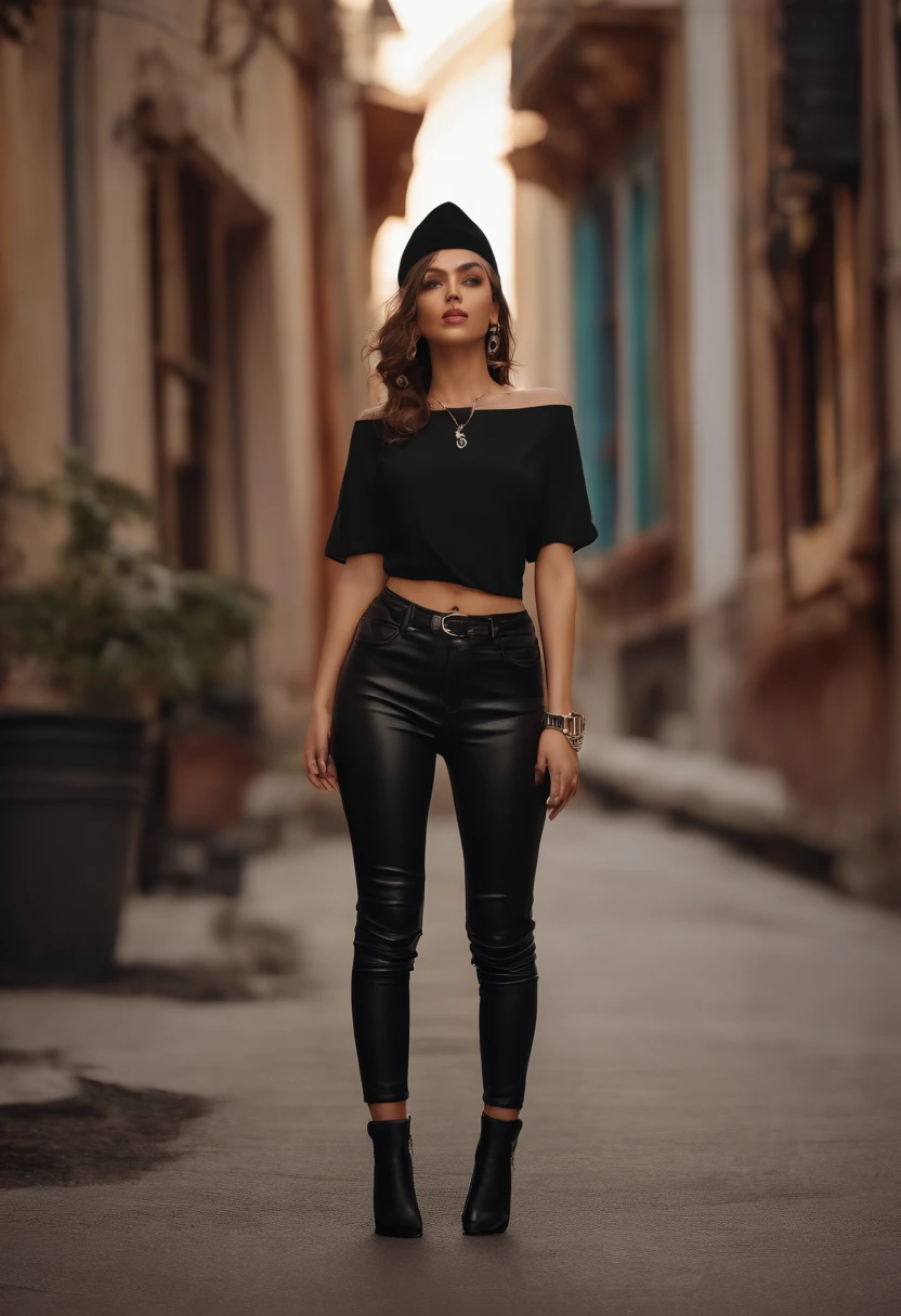 apinkhayoung, urban, streets, (day:1.1), RAW,(8k, best quality, masterpiece:1.2),(intricate details:1.4),(photorealistic:1.4),octane render, complex 3d render ultra detailed, studio soft light, rim light, vibrant details, ultra detailed, realistic skin texture, detailed face, beautiful detailed eyes, extremely detailed CG unity 8k wallpaper, makeup, (detailed background:1.2), (cowboy shot:1.2),(perfect anatomy:1.2),(wide hip:1.1),(black t-shirt, pants, choker, beret:1.2),
